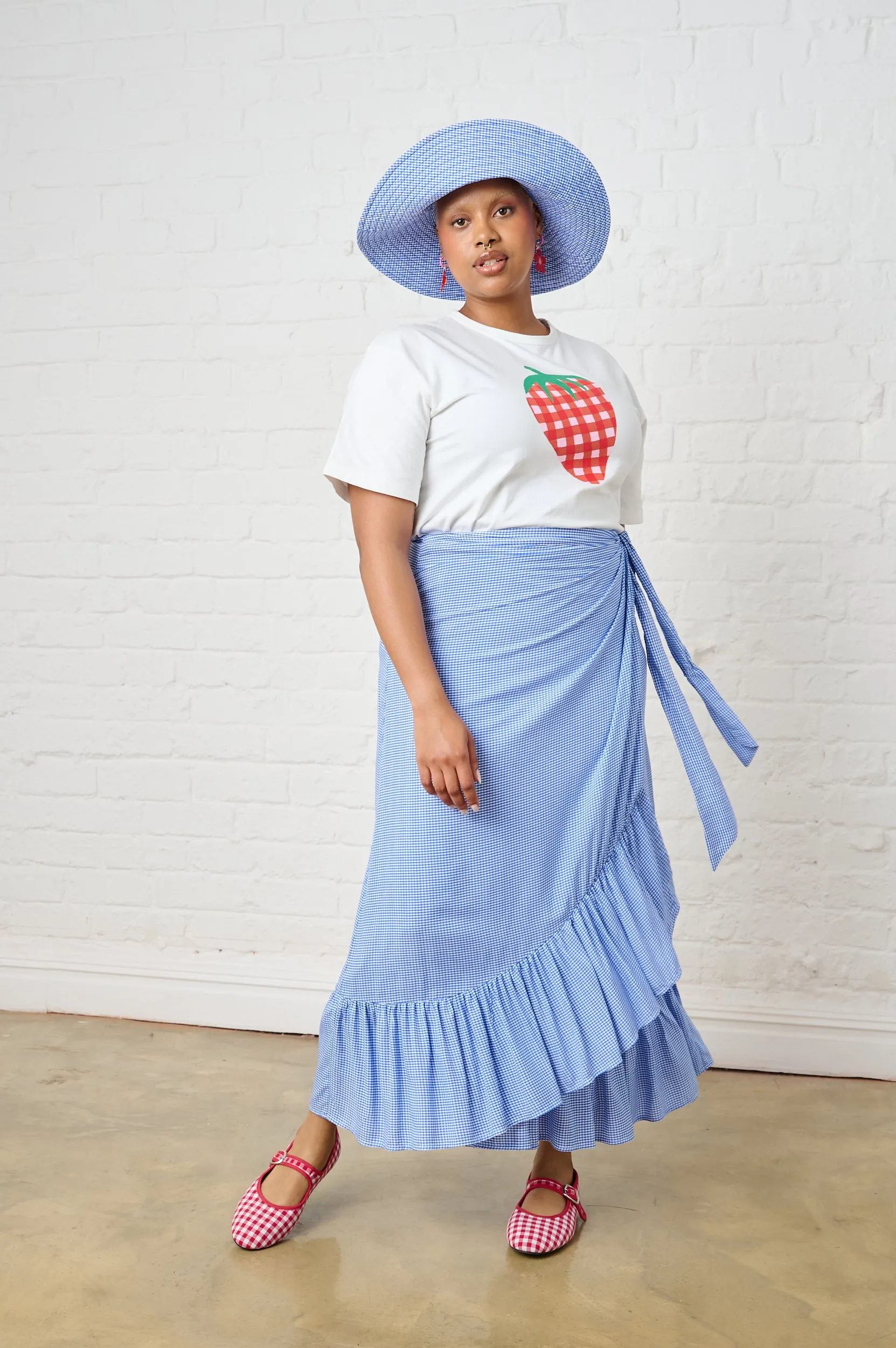 Elevated Casual Modern Outfit Ruffle Wrap Skirt in Mini Gingham