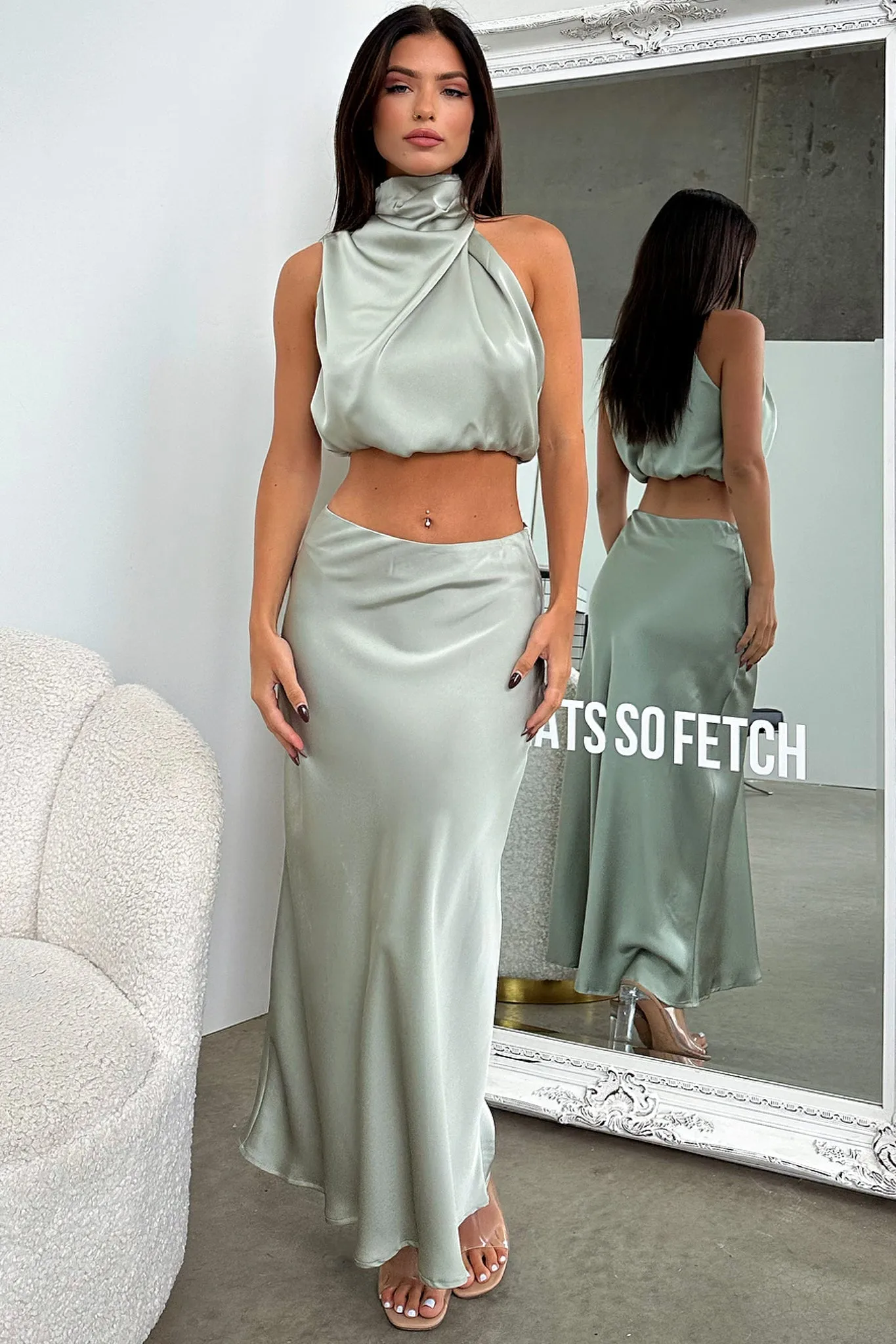 Santorini Maxi Skirt - Sage High Elasticity Material Geometric Print
