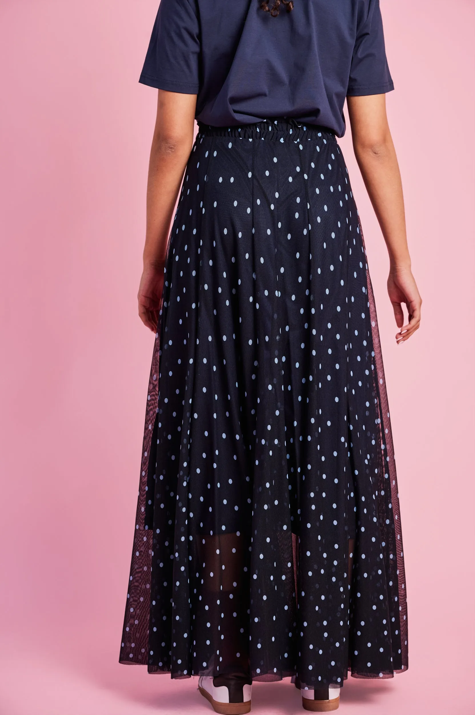 Style Fusion Panelled Lined Mesh Skirt in Blue Spot