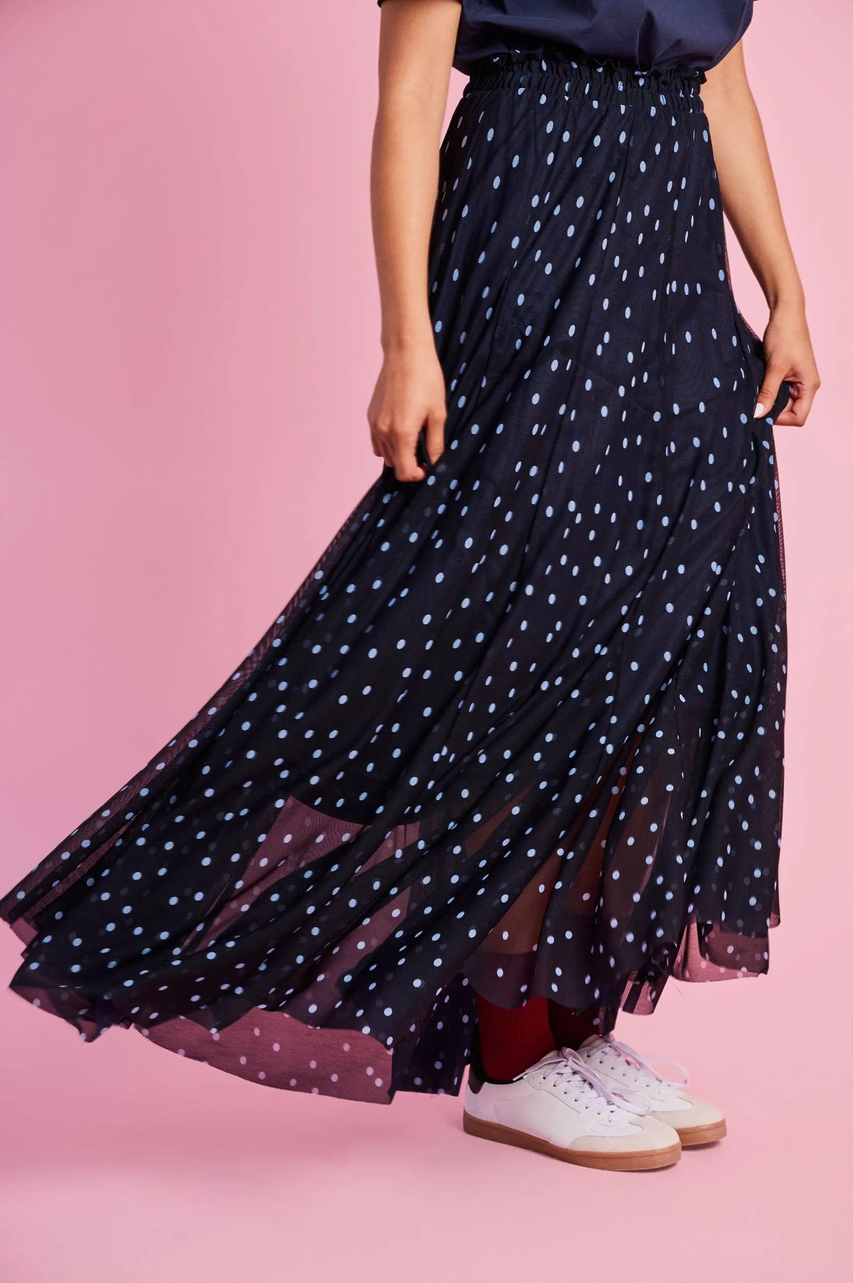 Shirred Back Fresh Aesthetic Panelled Lined Mesh Skirt in Blue Spot