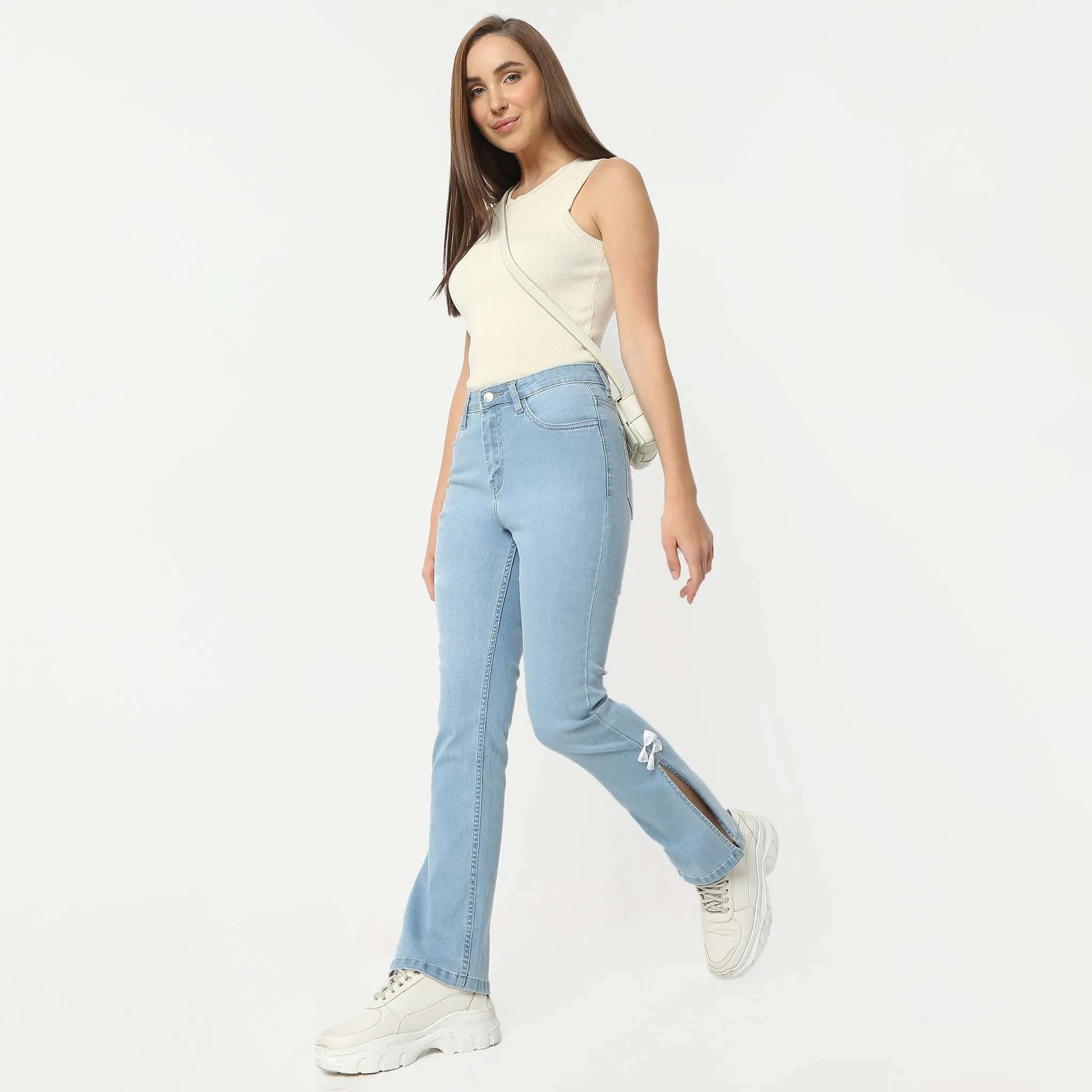 Boot Cut Full Length High Rise Bow-Adorned Blue Jeans With Side Slit WrinkleFreeTexture