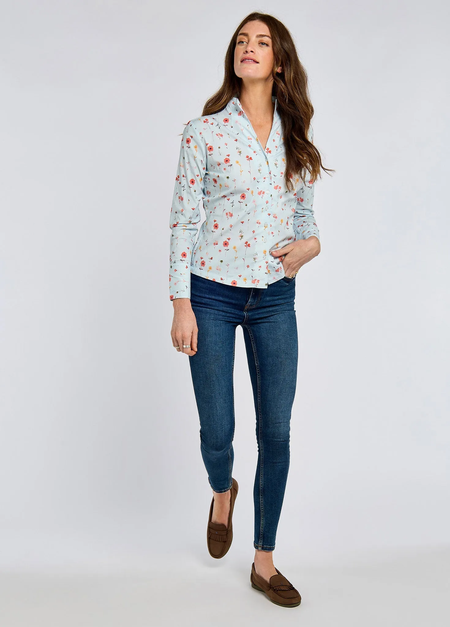 Fuchsia Women's printed long-sleeve shirt - pale blue Smile Ease StainlessZippers