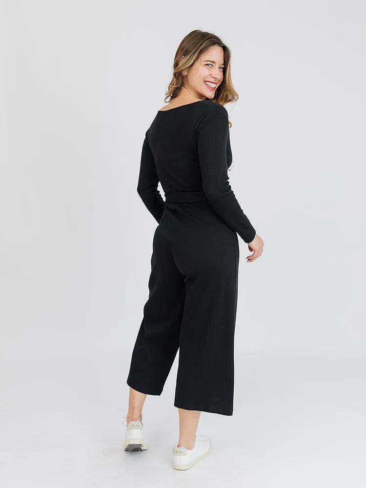 QuickDryMaterial Rita Long Sleeve Jumpsuit - Black Rib Knit