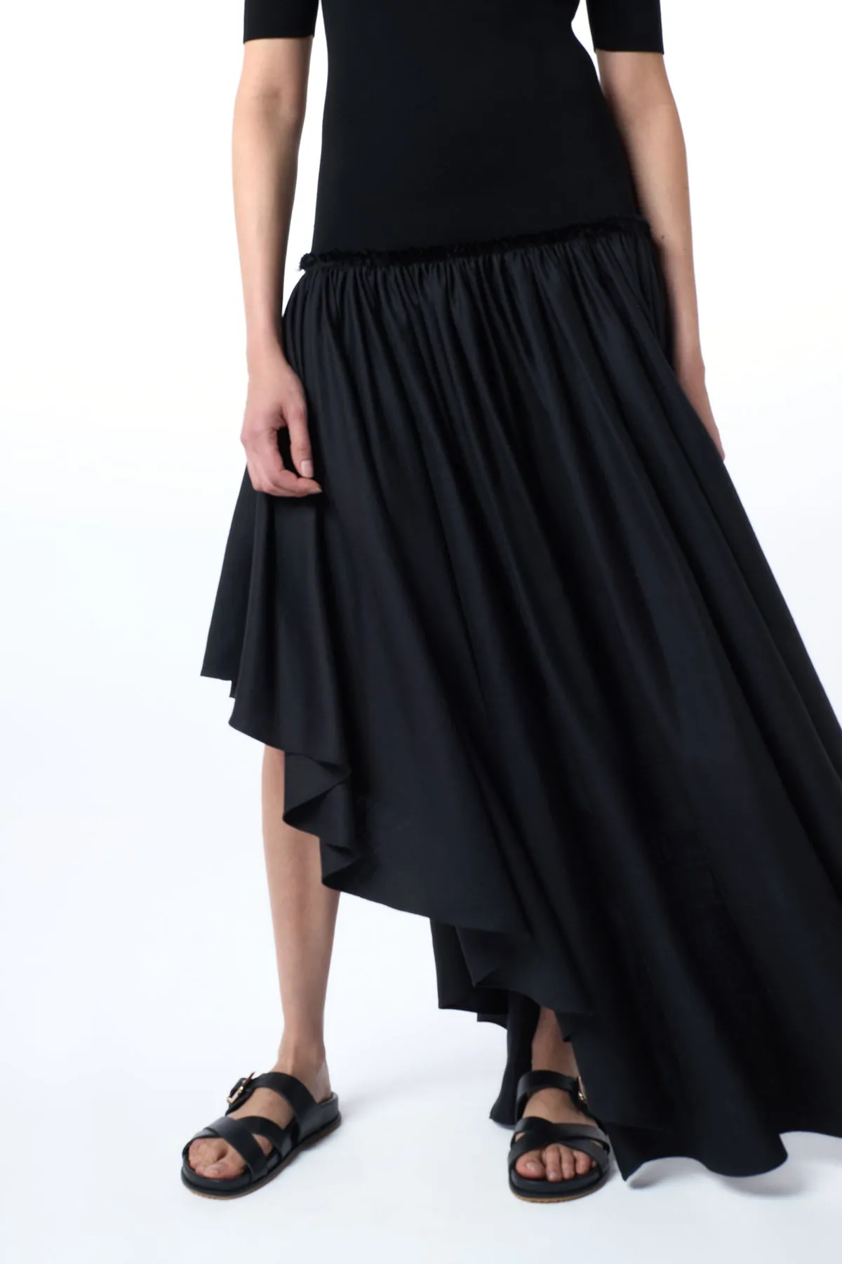 Sirona Pleated Maxi Dress in Black Virgin Wool Silk with Linen FrictionReducing Lining