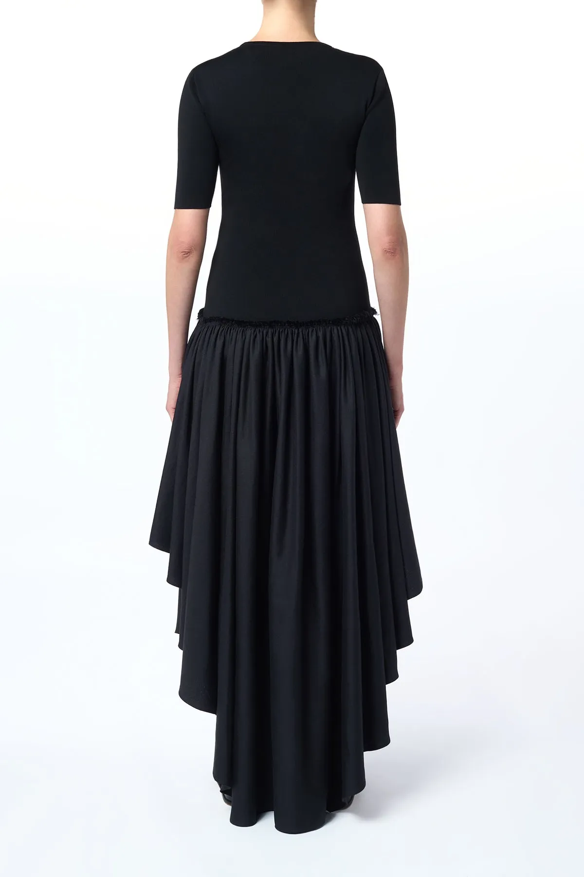 Sirona Pleated Maxi Dress in Black Virgin Wool Silk with Linen TearResistantMaterial