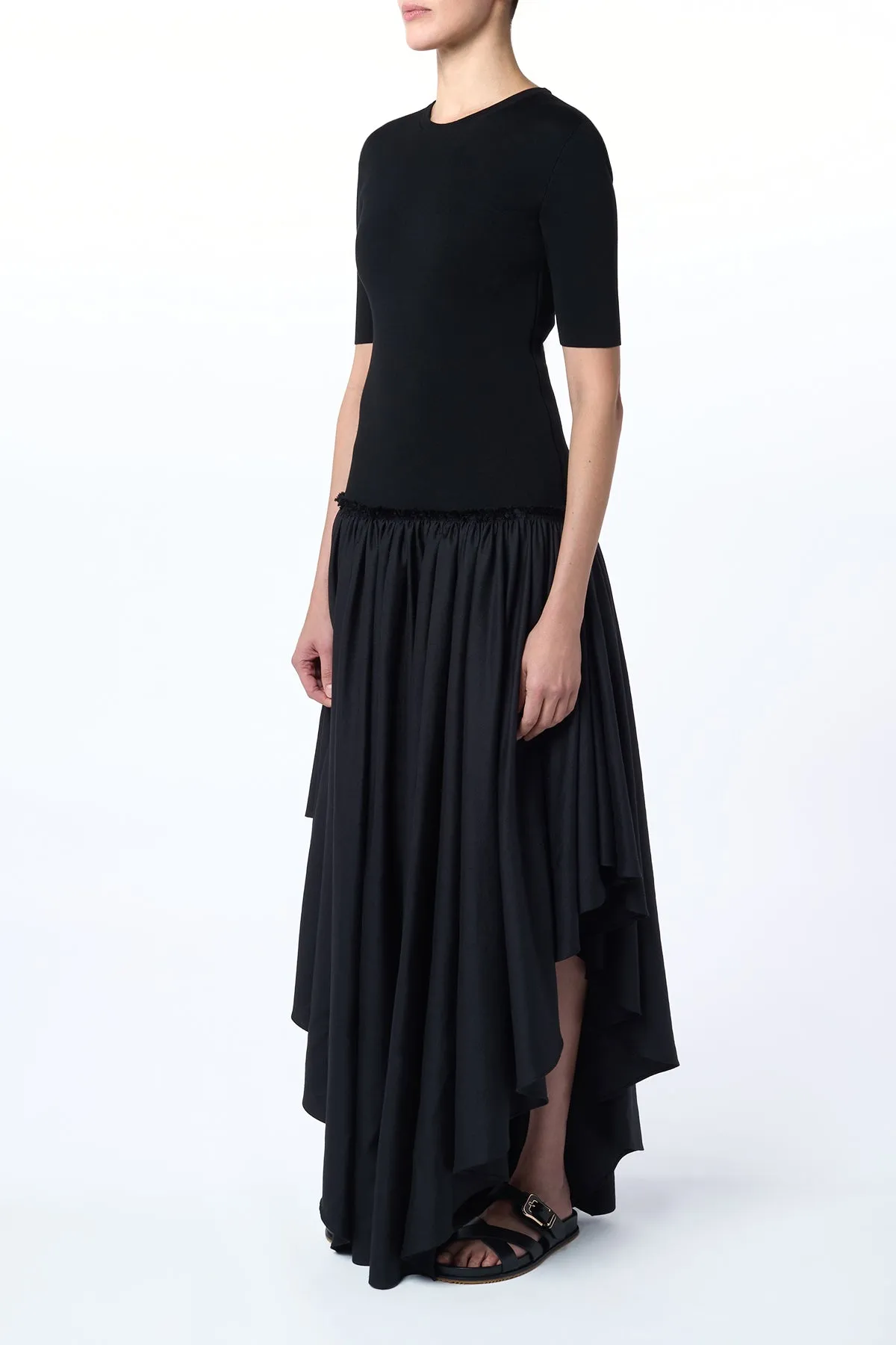 Sirona Pleated Maxi Dress in Black Virgin Wool Silk with Linen SustainableCertified SnagFree Surface