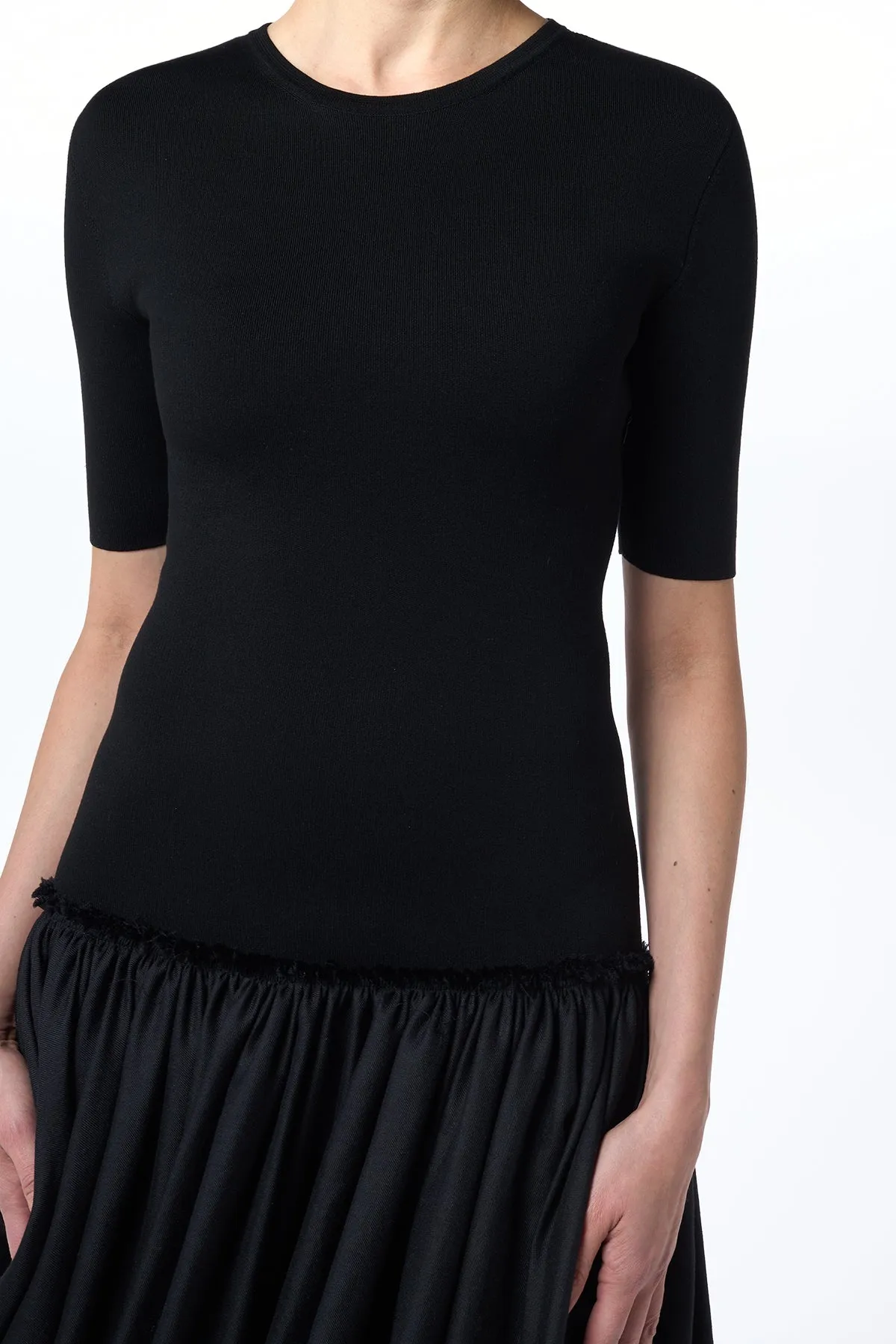 Sirona Pleated Maxi Dress in Black Virgin Wool Silk with Linen AntiClingFabric Minimal Mood