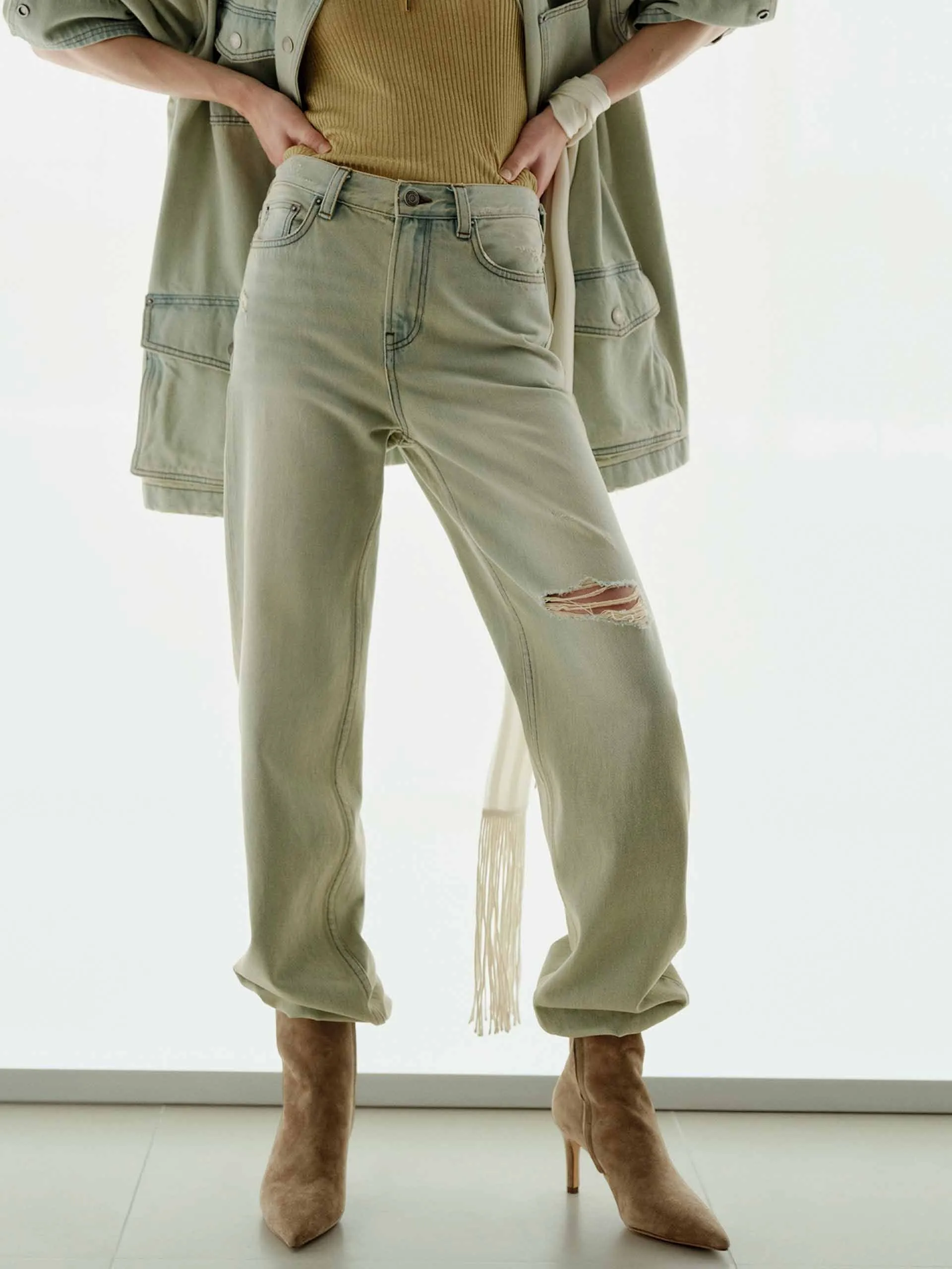 Casual Cool Unfaded Hemline Ripped Light Blue Jeans