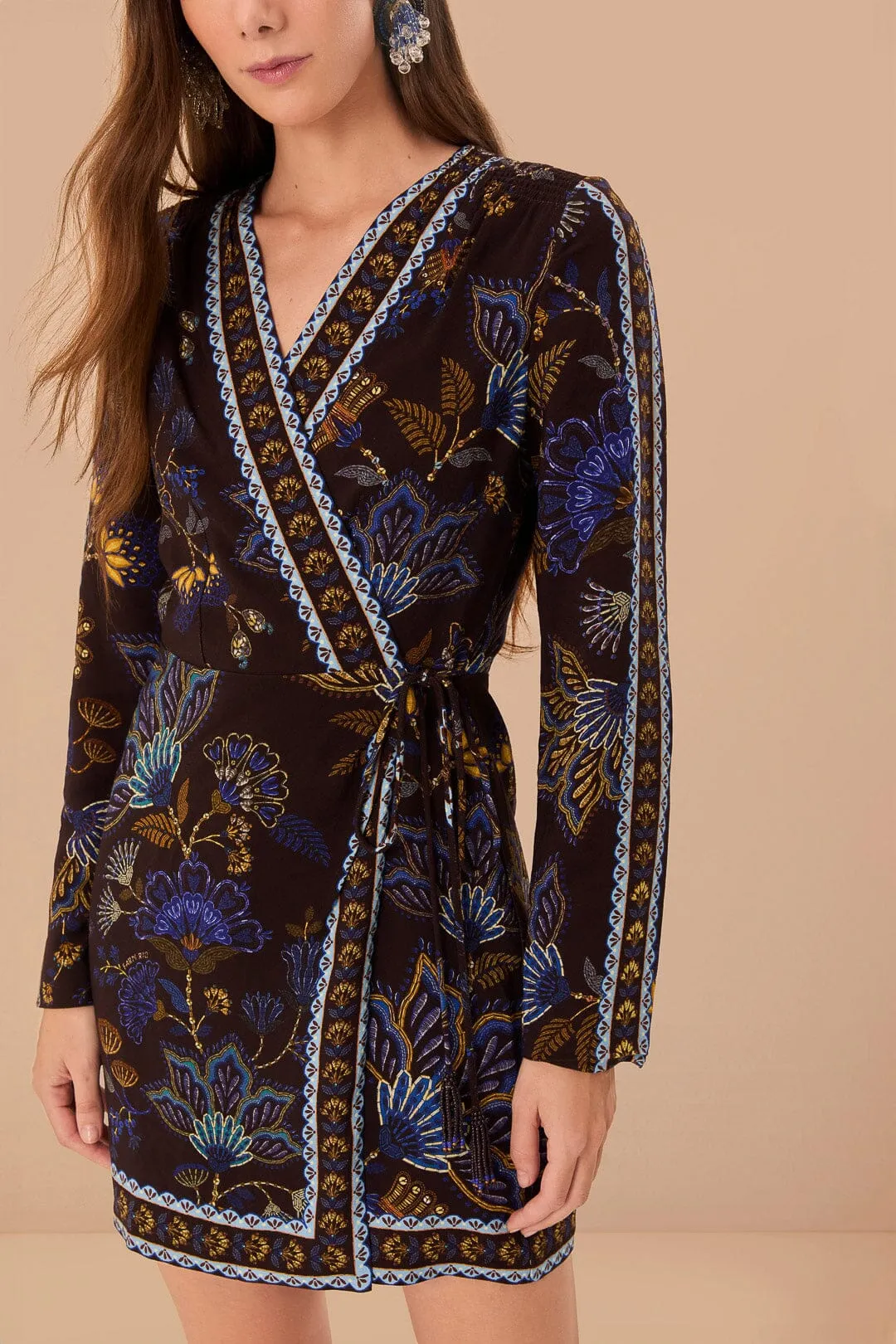 Fashion Essential Scalloped Edge Detailing Brown Garden LENZING? ECOVERO? Viscose Wrap Mini Dress