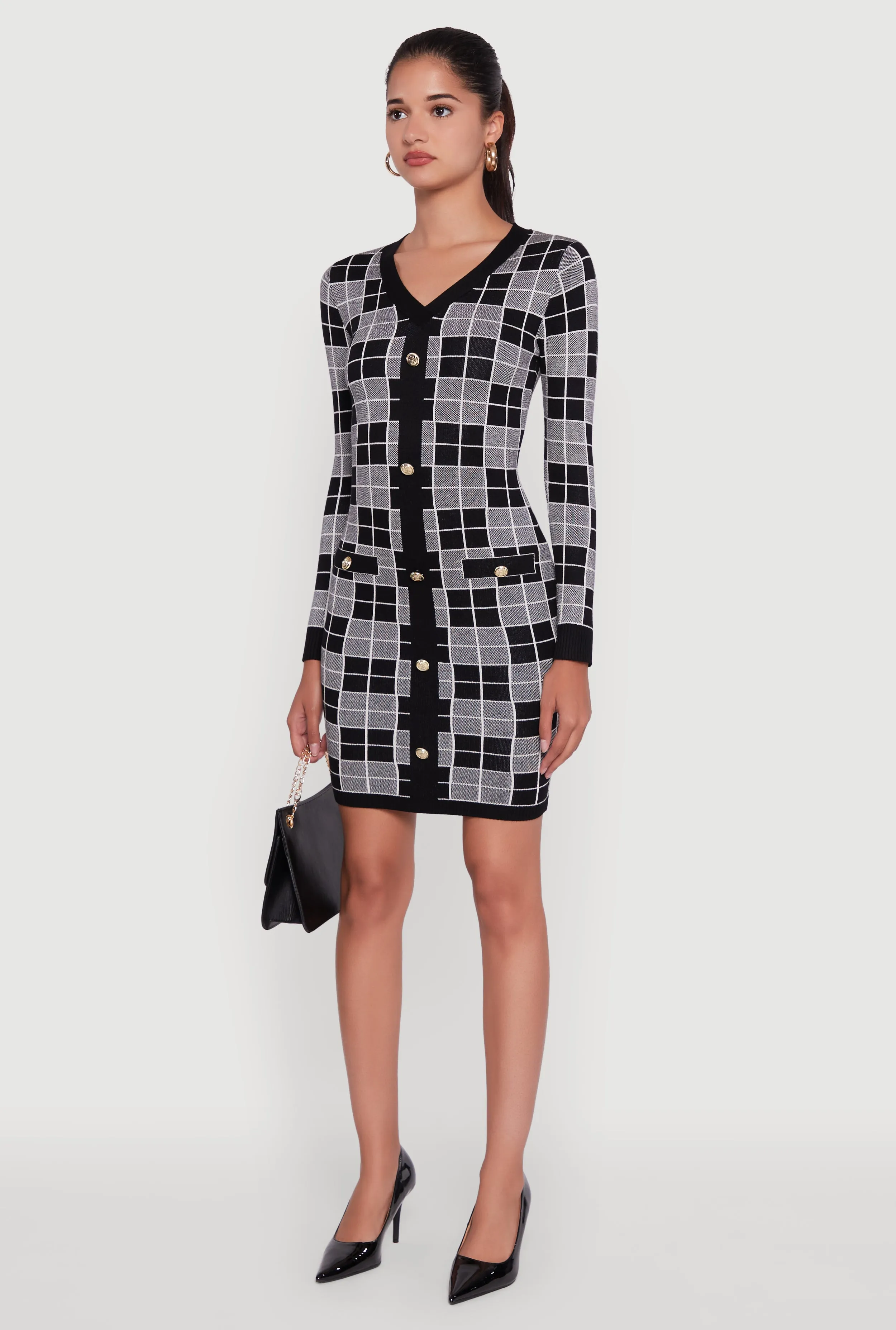 Checkered Plaid Long Sleeve Dress Trendy Chic