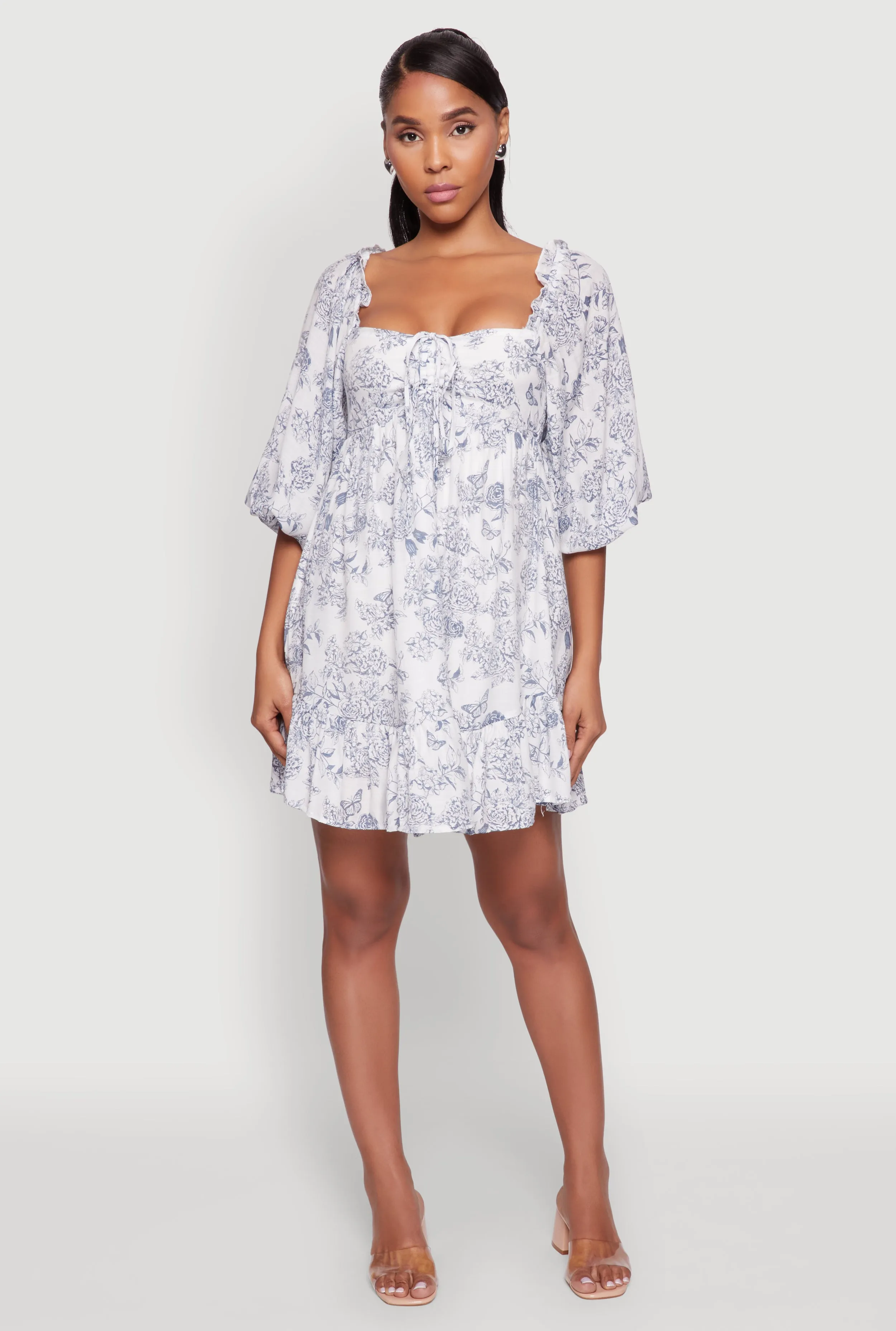 Chic Toile de Jouy Puff Sleeve Peasant Dress Star Heat