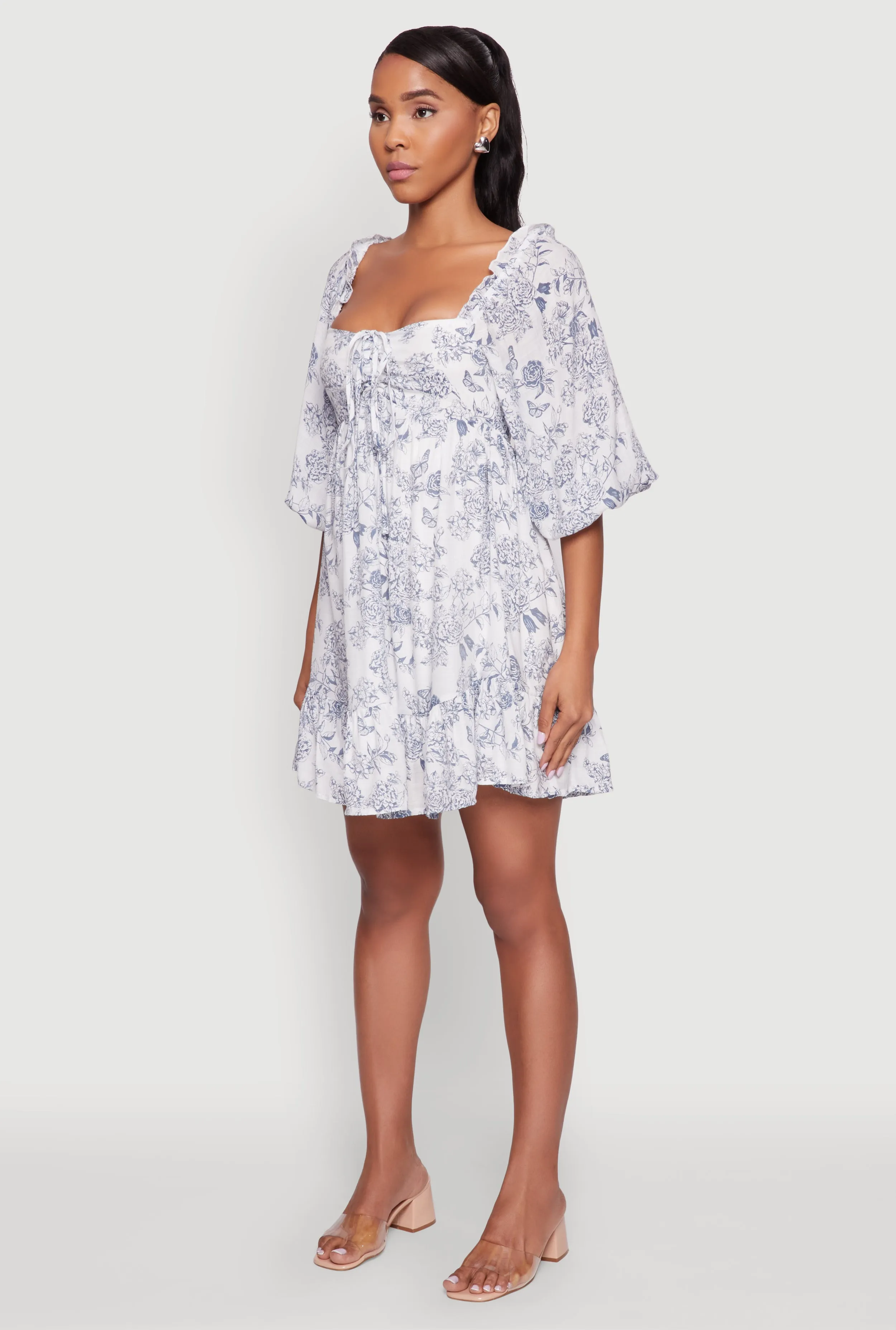 Club Pop Chic Toile de Jouy Puff Sleeve Peasant Dress