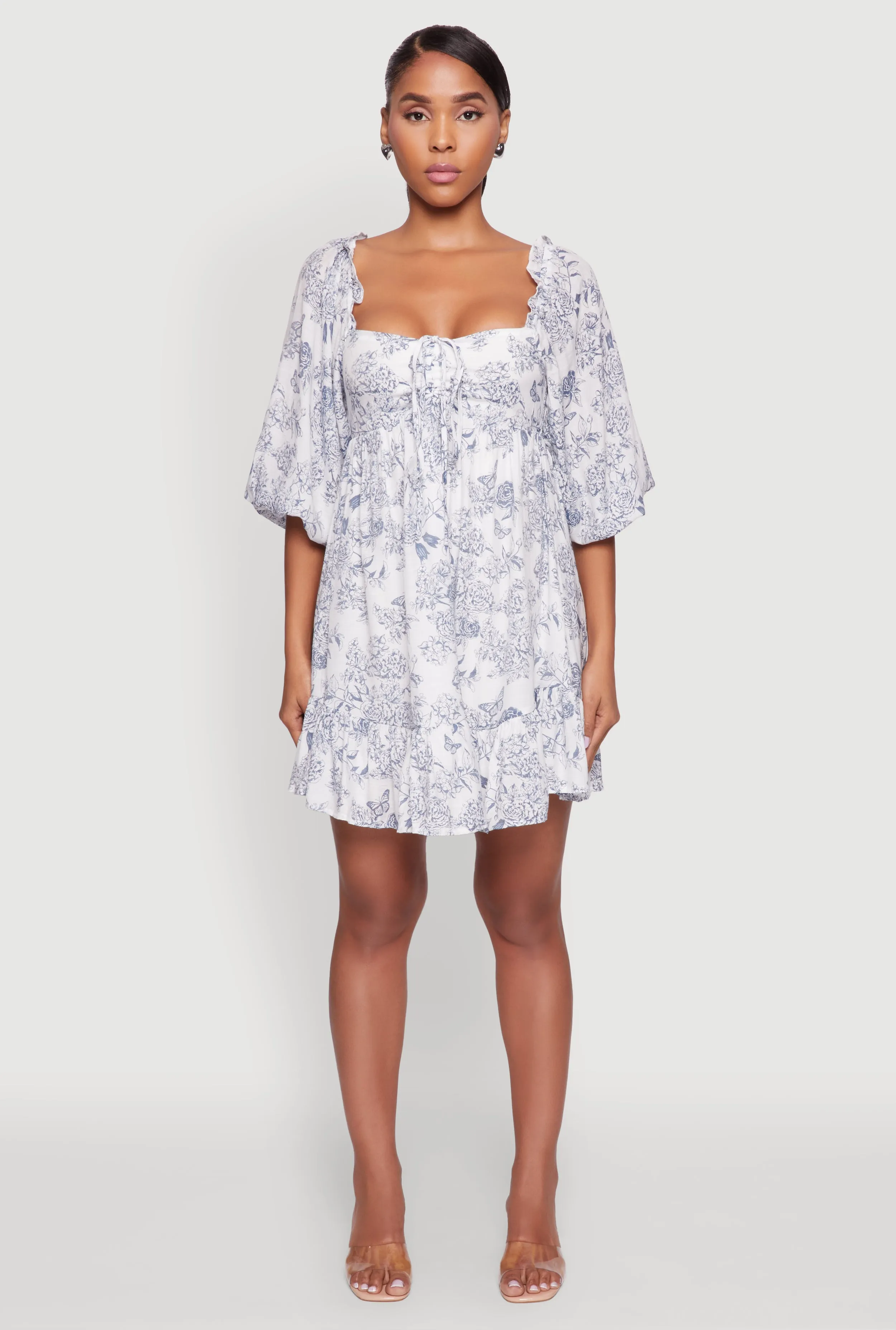 Chic Toile de Jouy Puff Sleeve Peasant Dress Trendy Charm Fun Twist