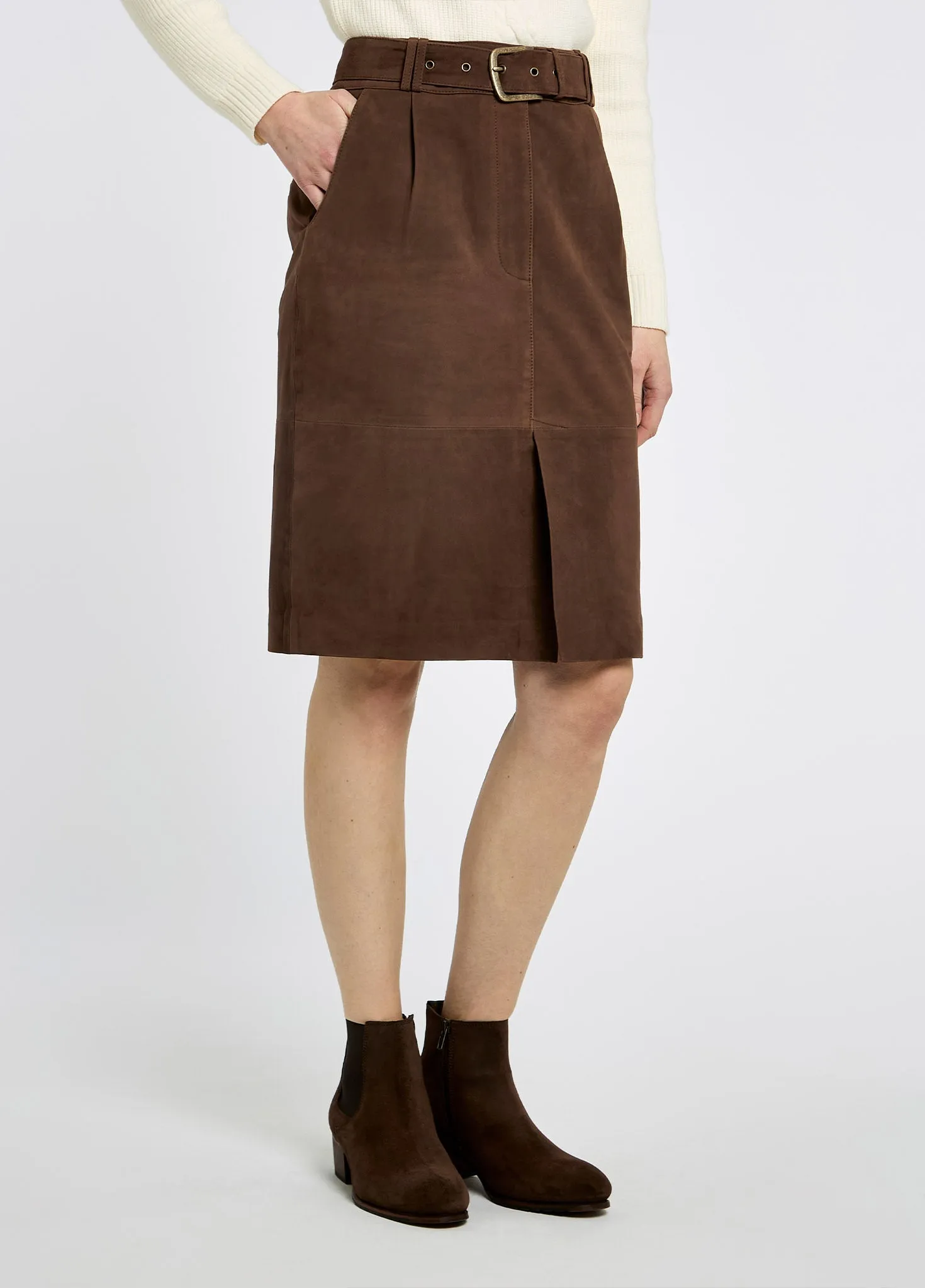 TaglessDesign Sullivan Knee-length belted suede skirt - Walnut