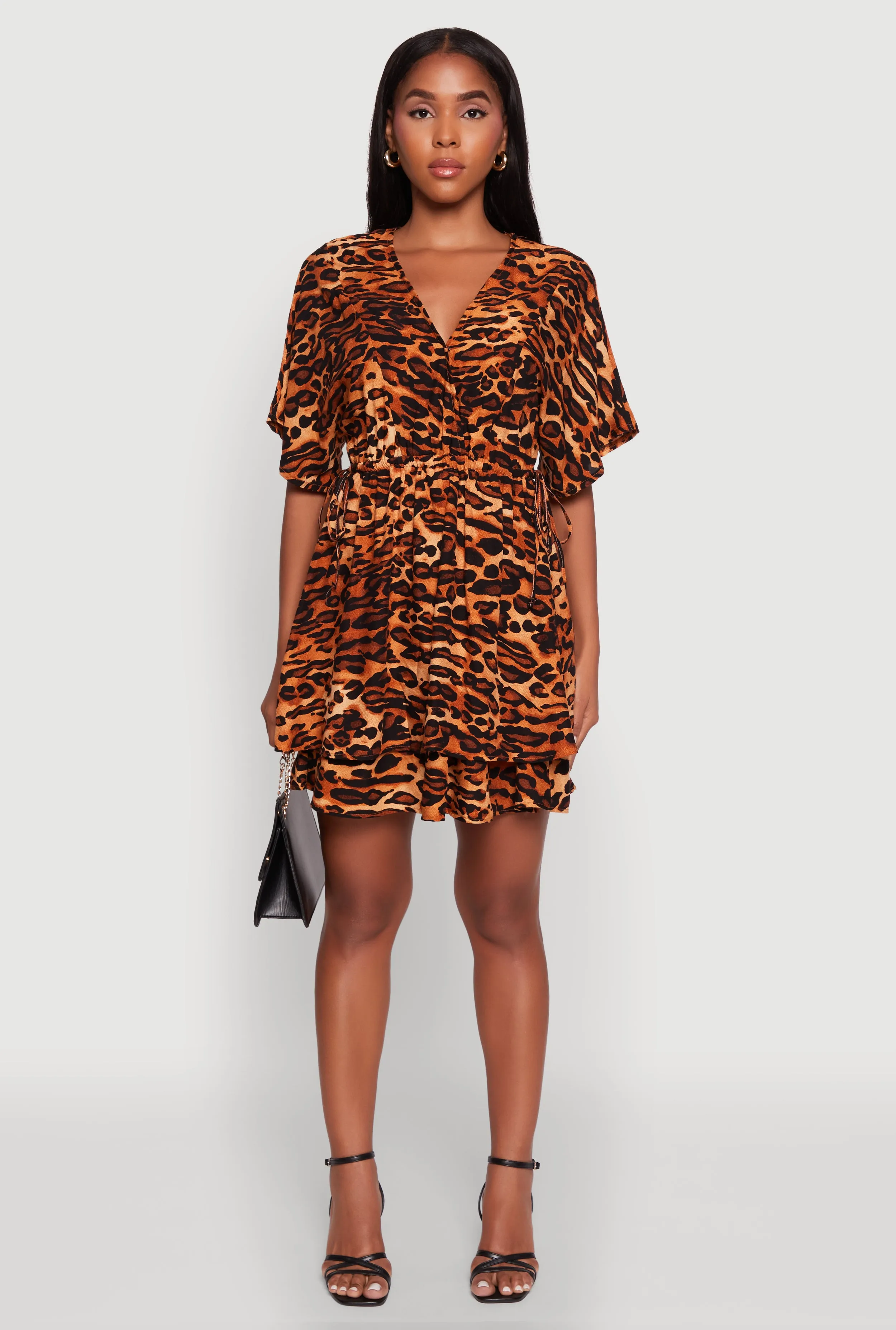 Trendy Leopard Print Tiered V-Neck Cinched Waist Dress Smart Look