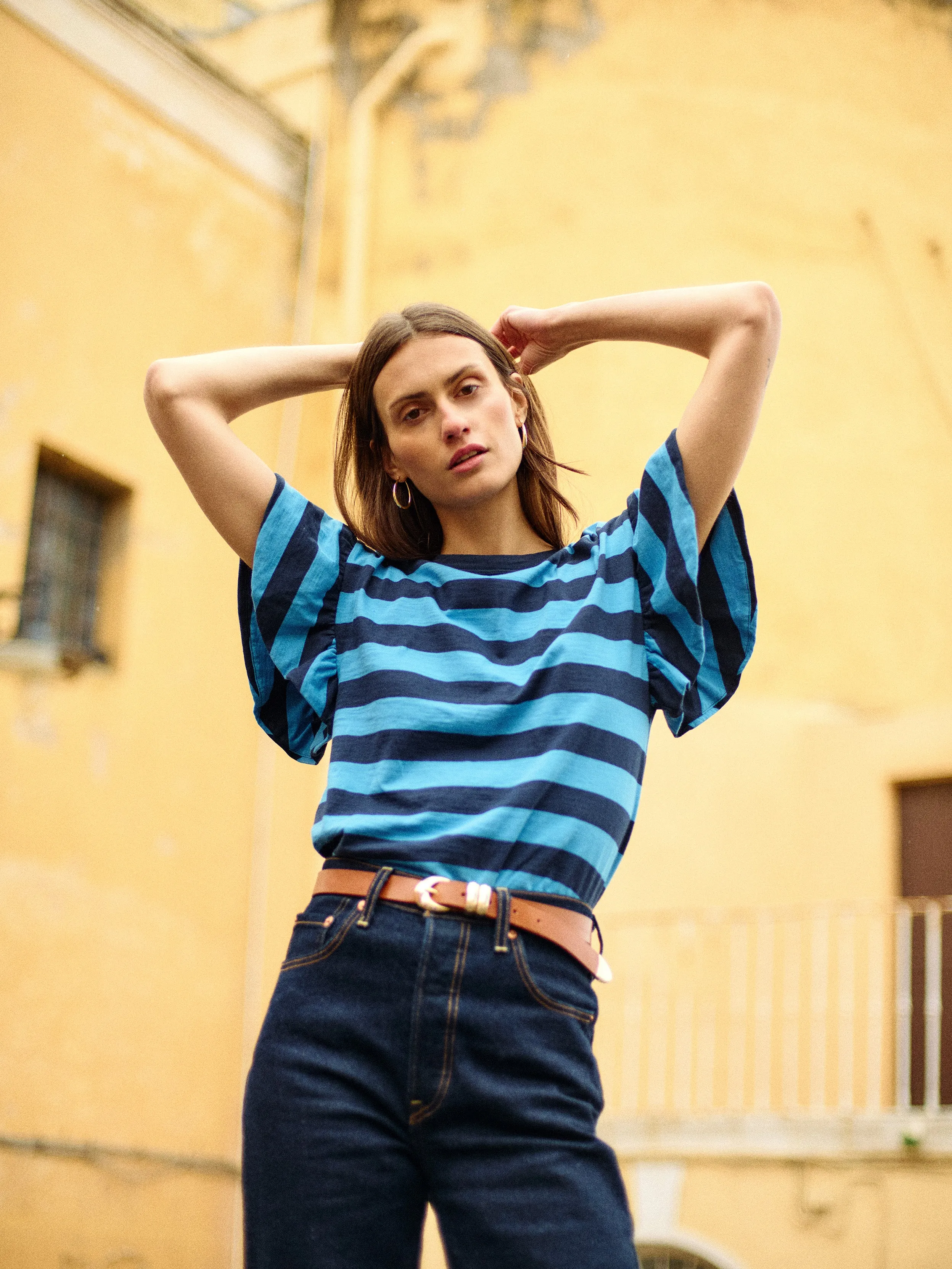 Camille Ruffle Tee RollUp Sleeves Chic Fit