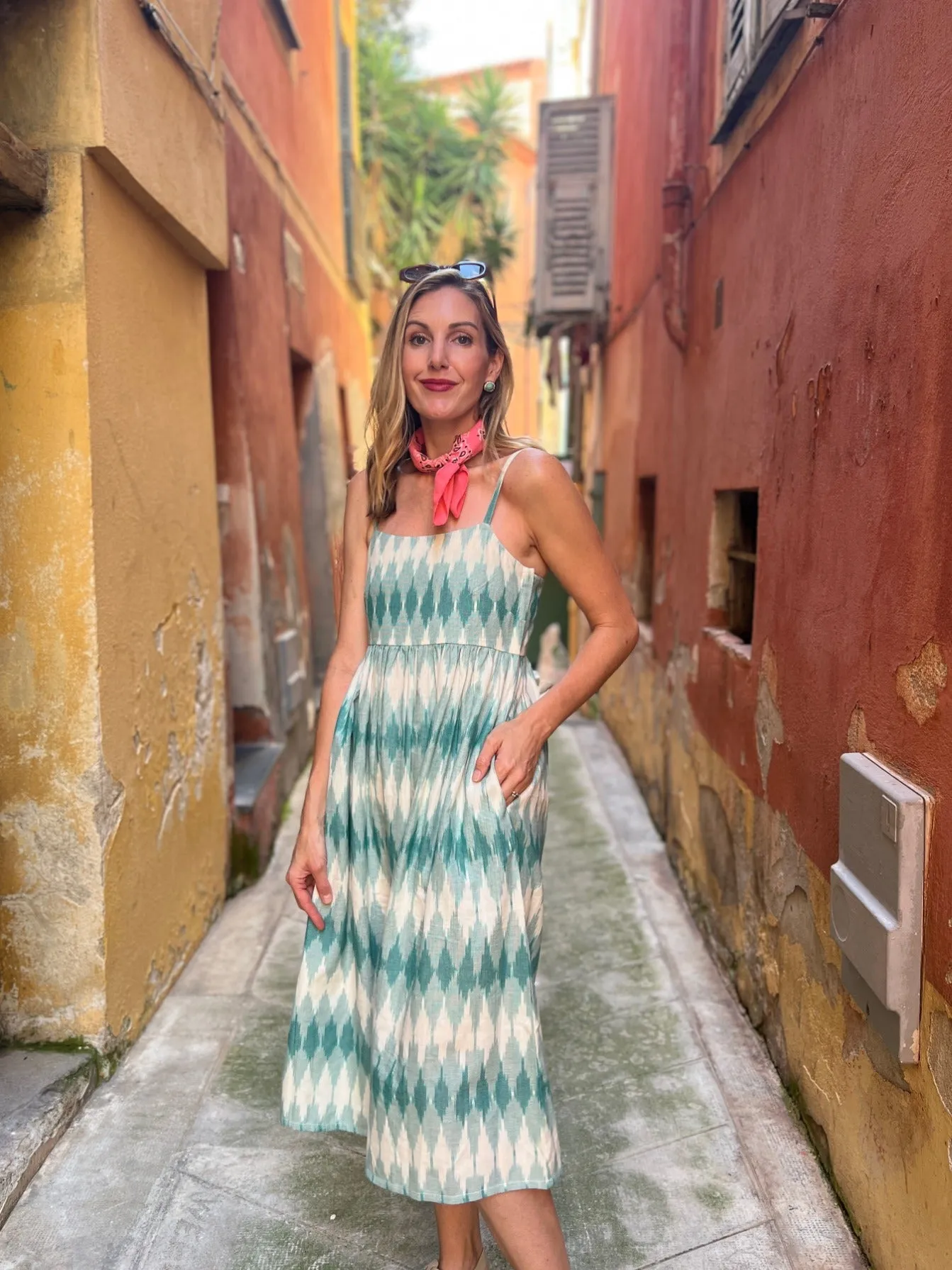 QuickDrying Material Sofia Midi Dress - Teal Ikat