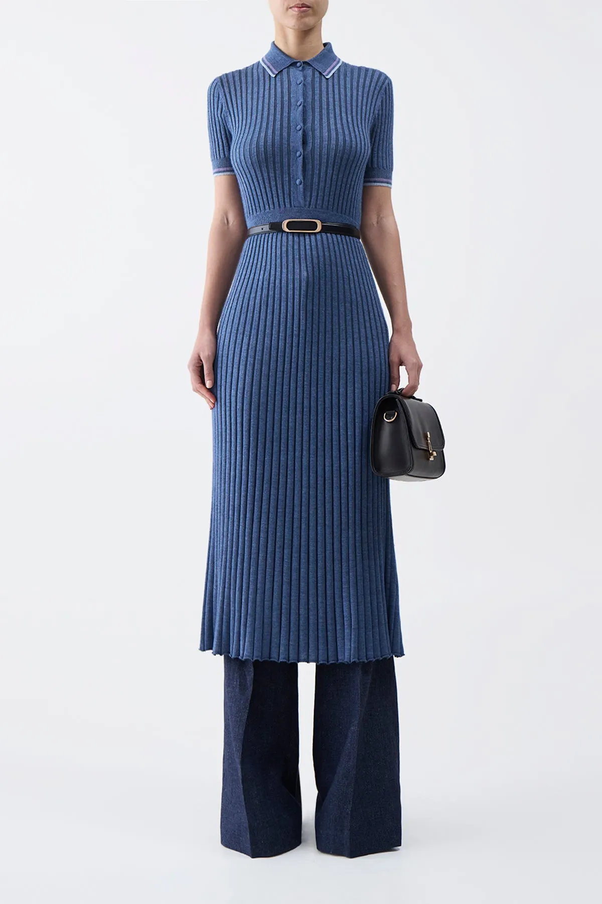Eyot Knit Maxi Dress in Denim Blue Cashmere Silk Quiet Luxury