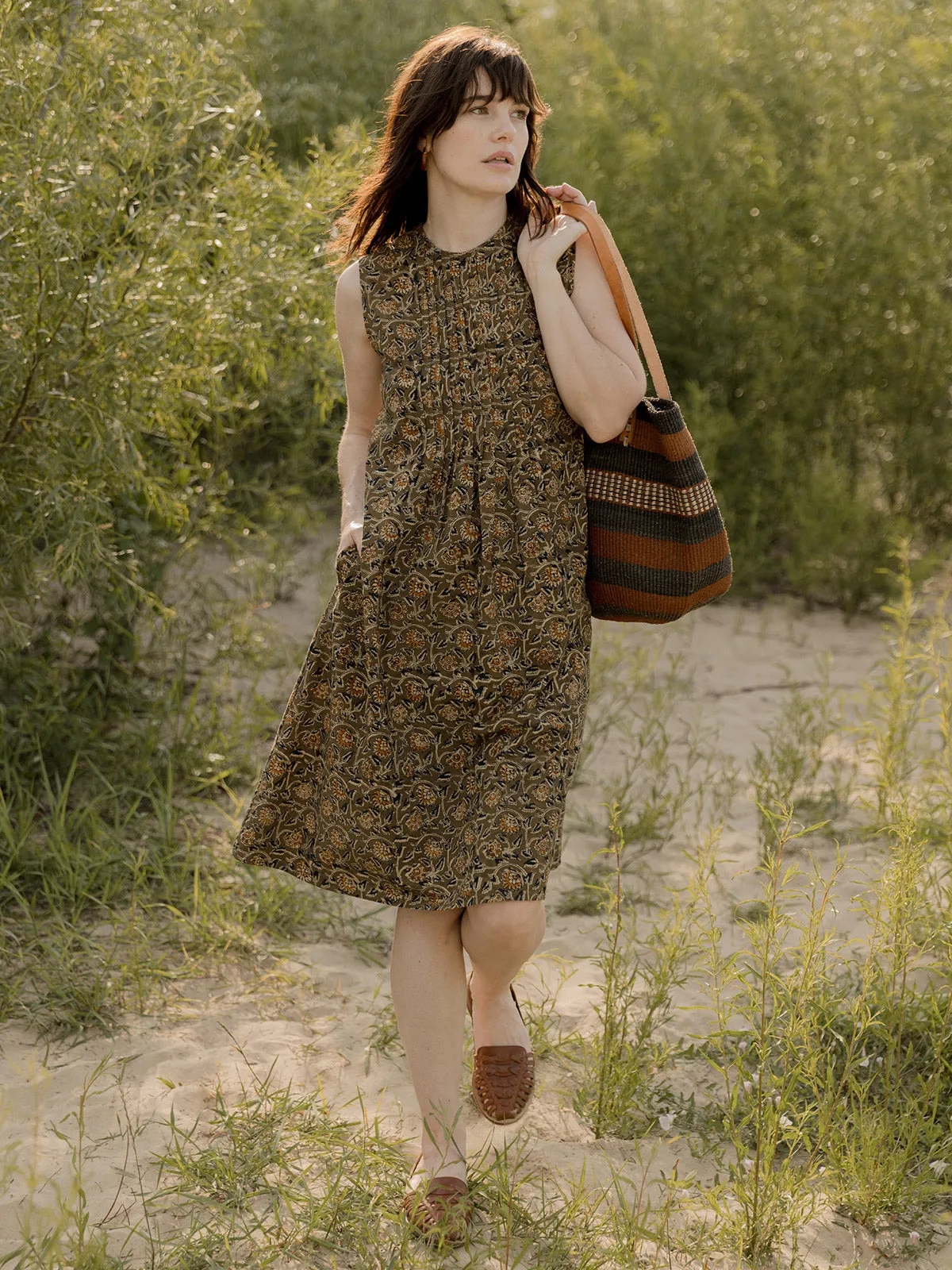 Penny Pintucked Dress - Olive Kalamkari Cyber Glow