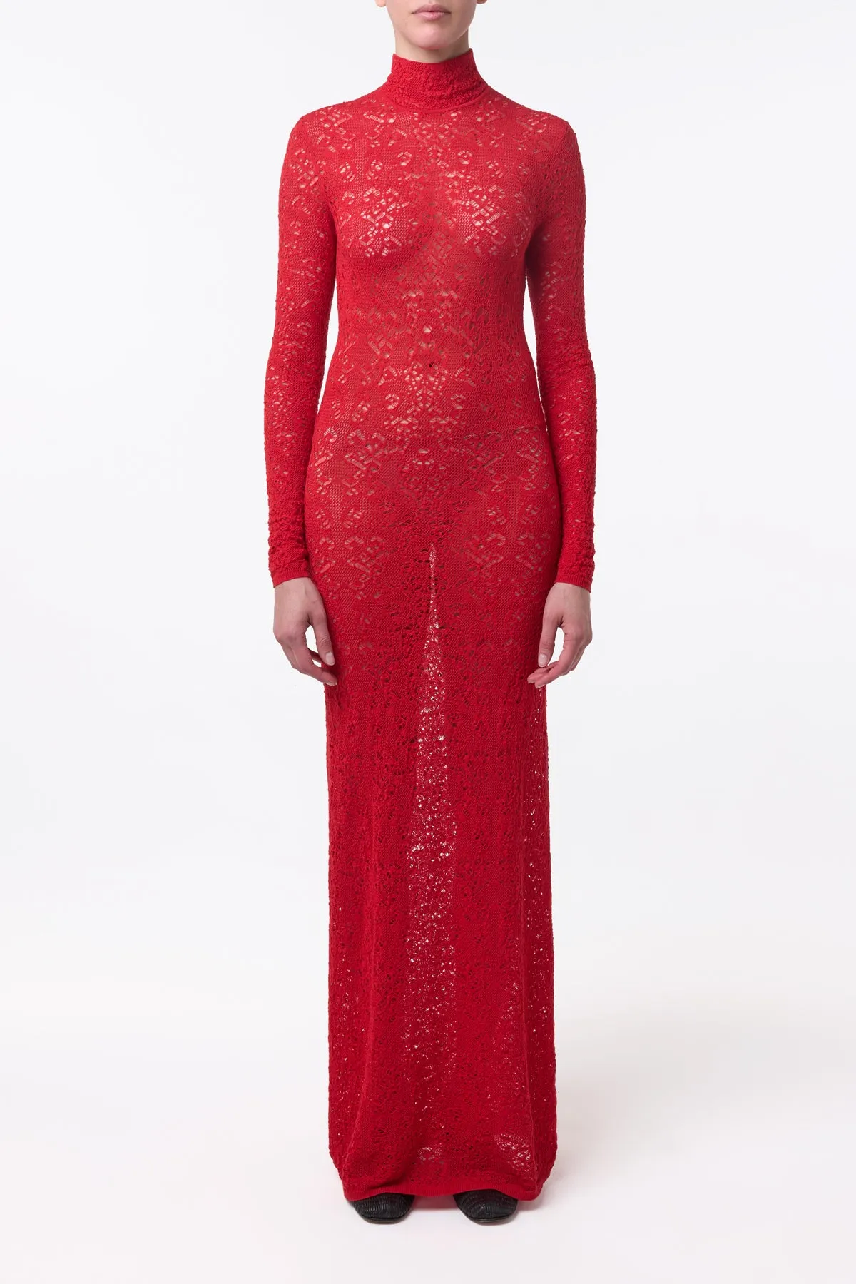 Hero Tale Lethe Pointelle Knit Maxi Dress in Scarlet Red Virgin Wool Silk