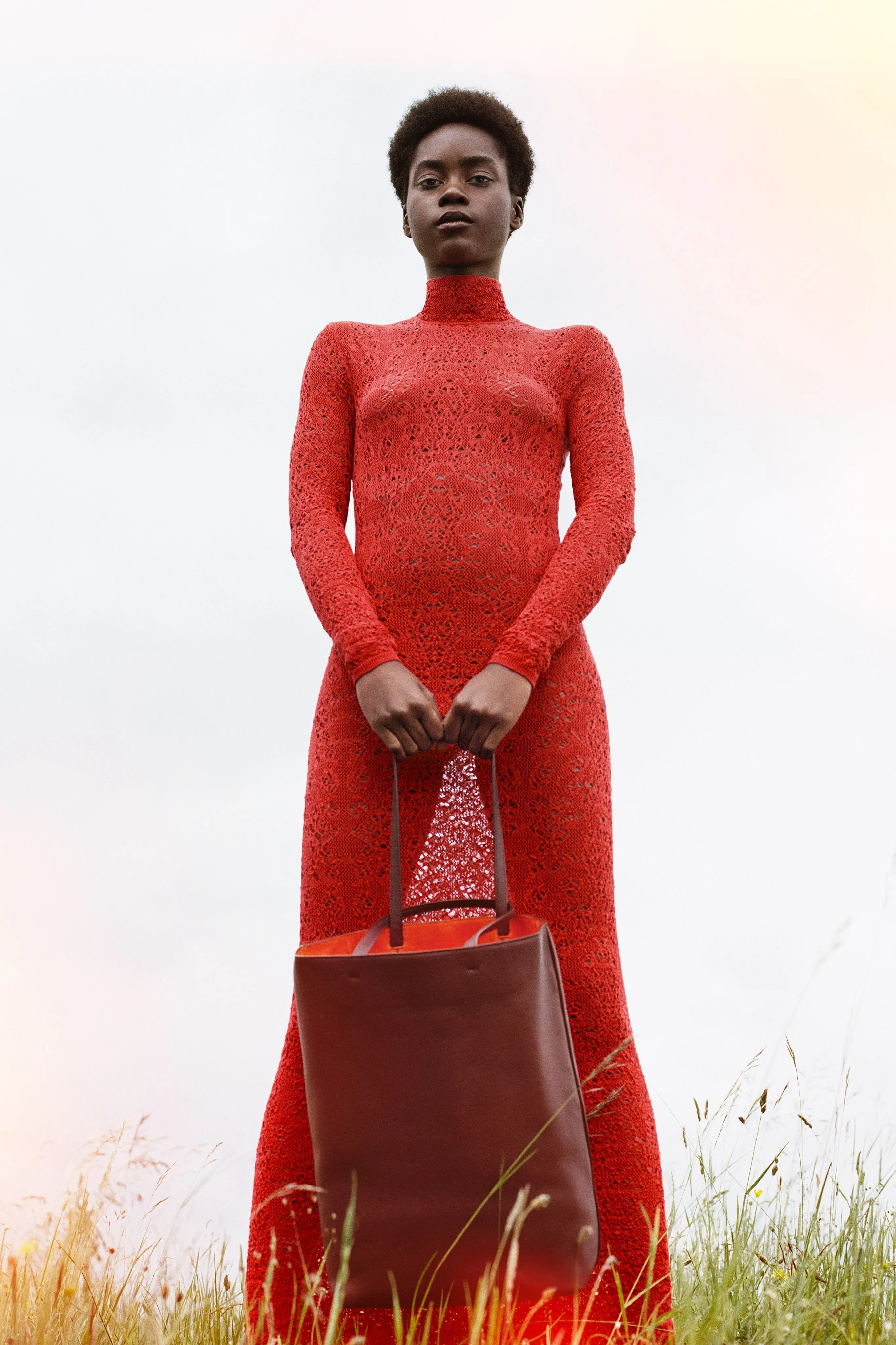 Lethe Pointelle Knit Maxi Dress in Scarlet Red Virgin Wool Silk Lightweight insulation