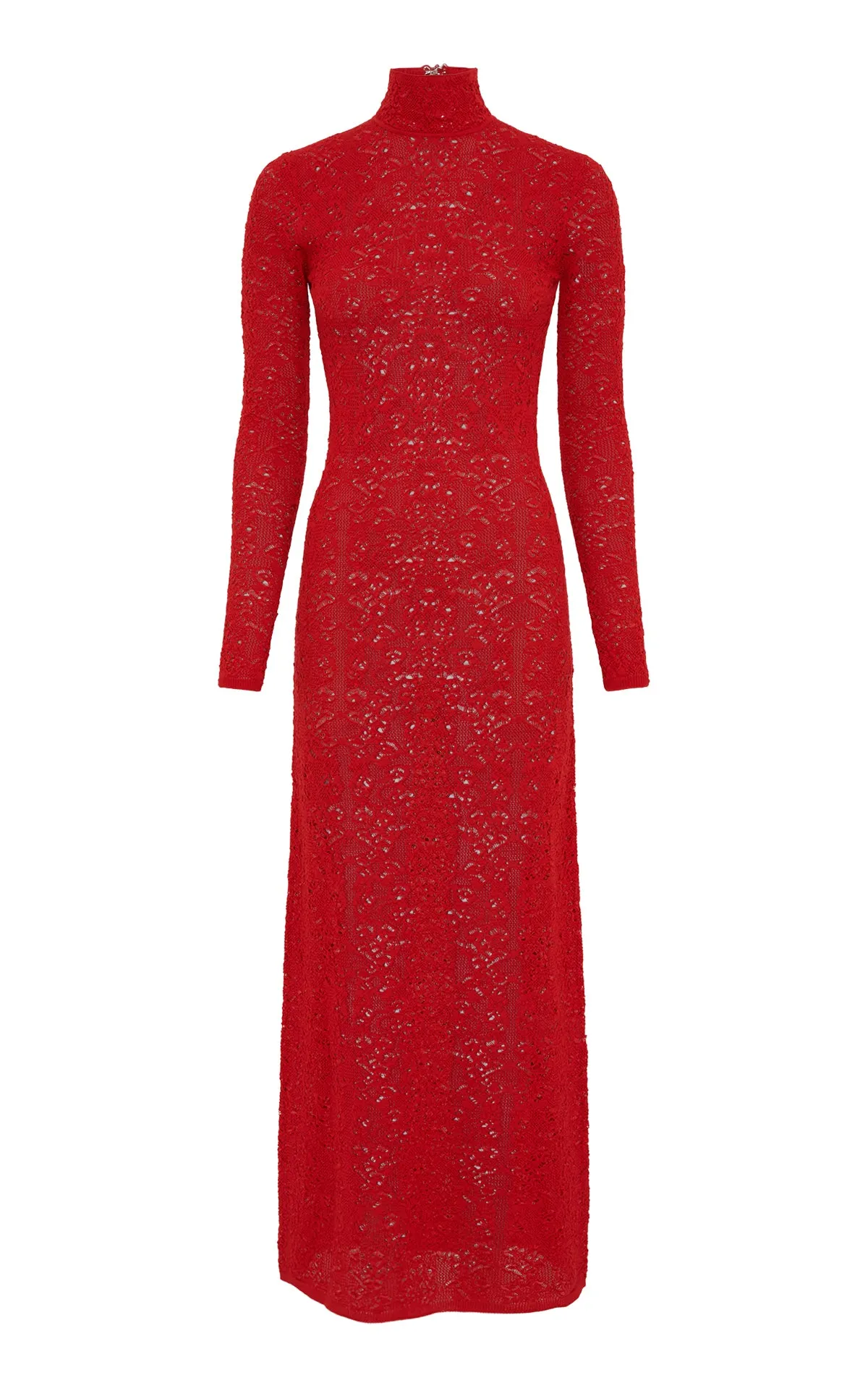 Focus Mood Lethe Pointelle Knit Maxi Dress in Scarlet Red Virgin Wool Silk