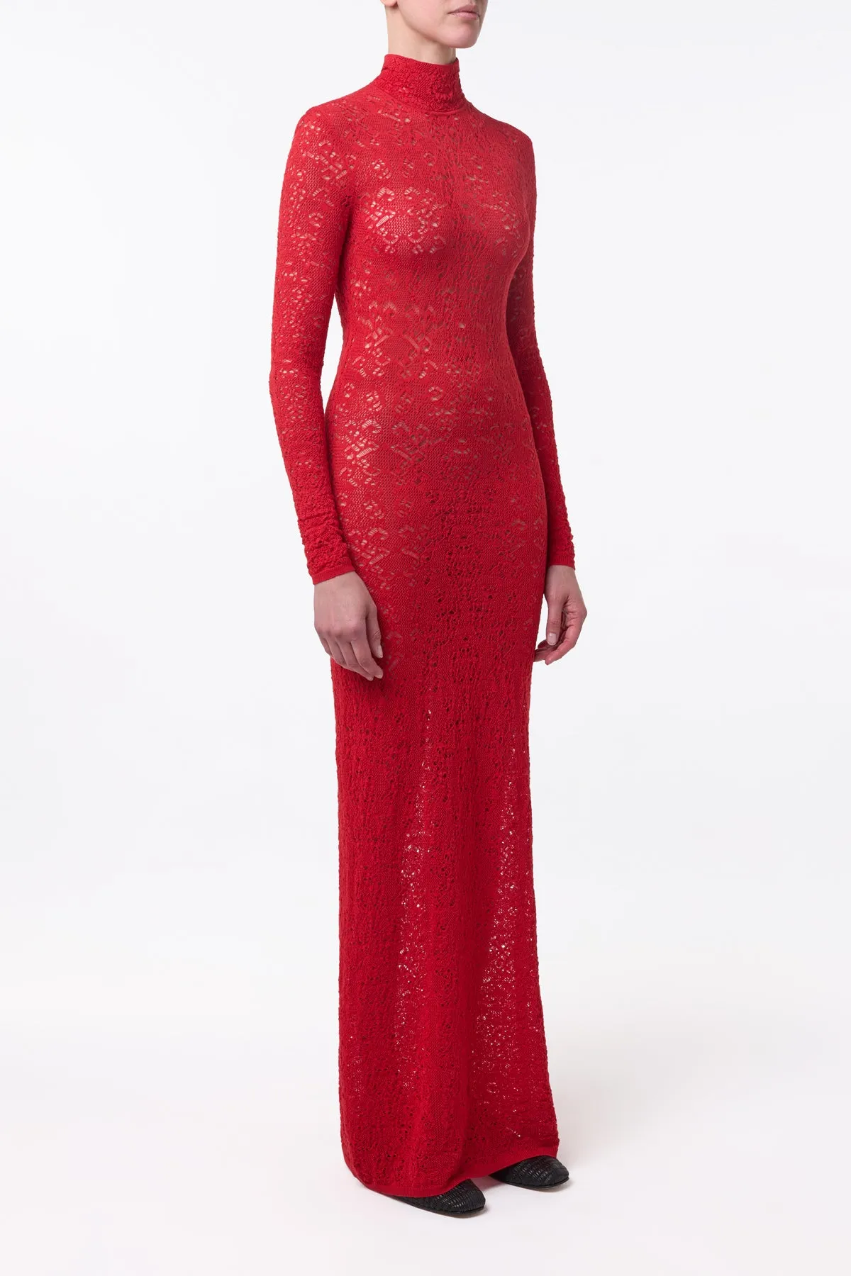 Dad Core AntiStatic Material Lethe Pointelle Knit Maxi Dress in Scarlet Red Virgin Wool Silk