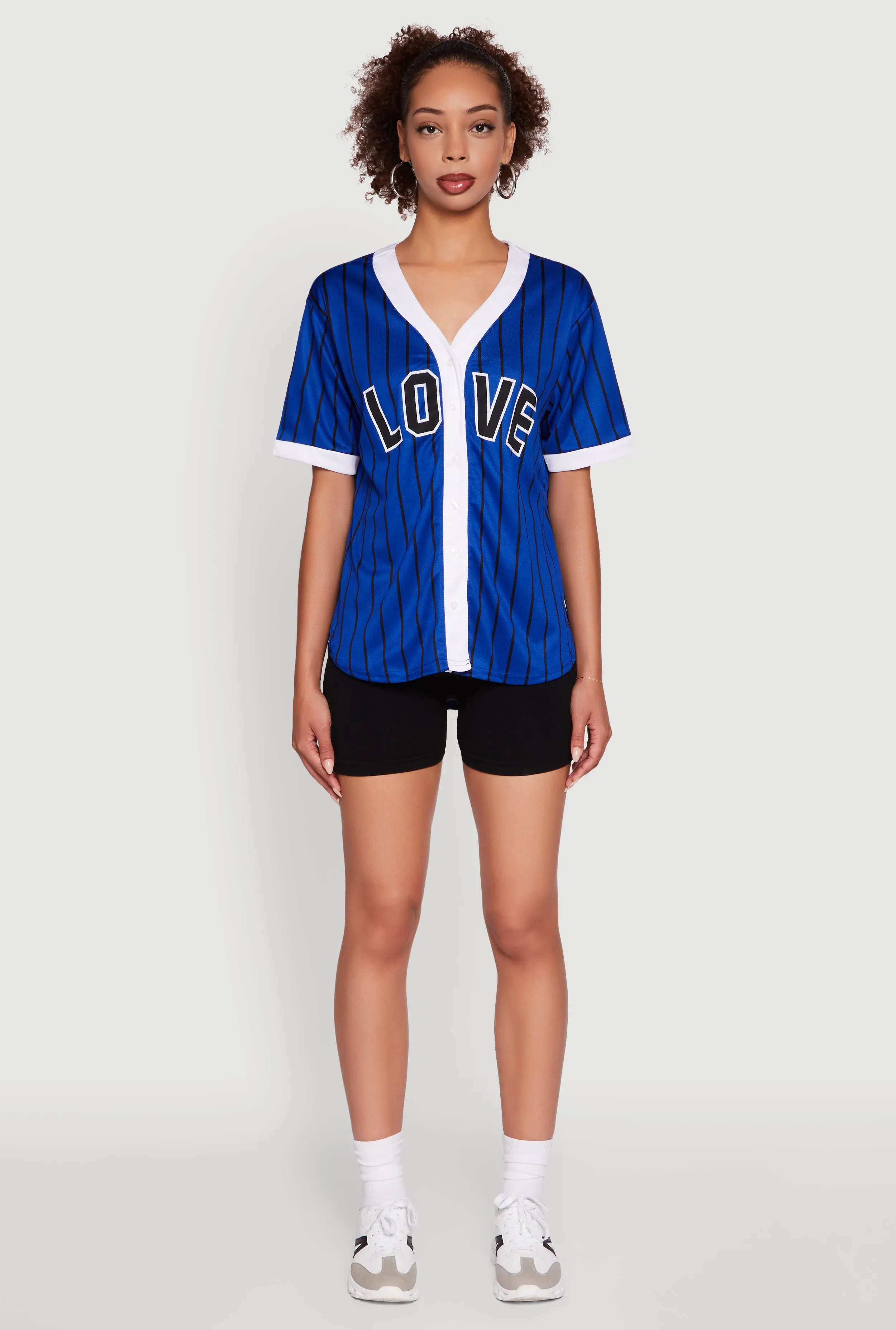 Trendy Striped Love Graphic Baseball Jersey Layerable Look