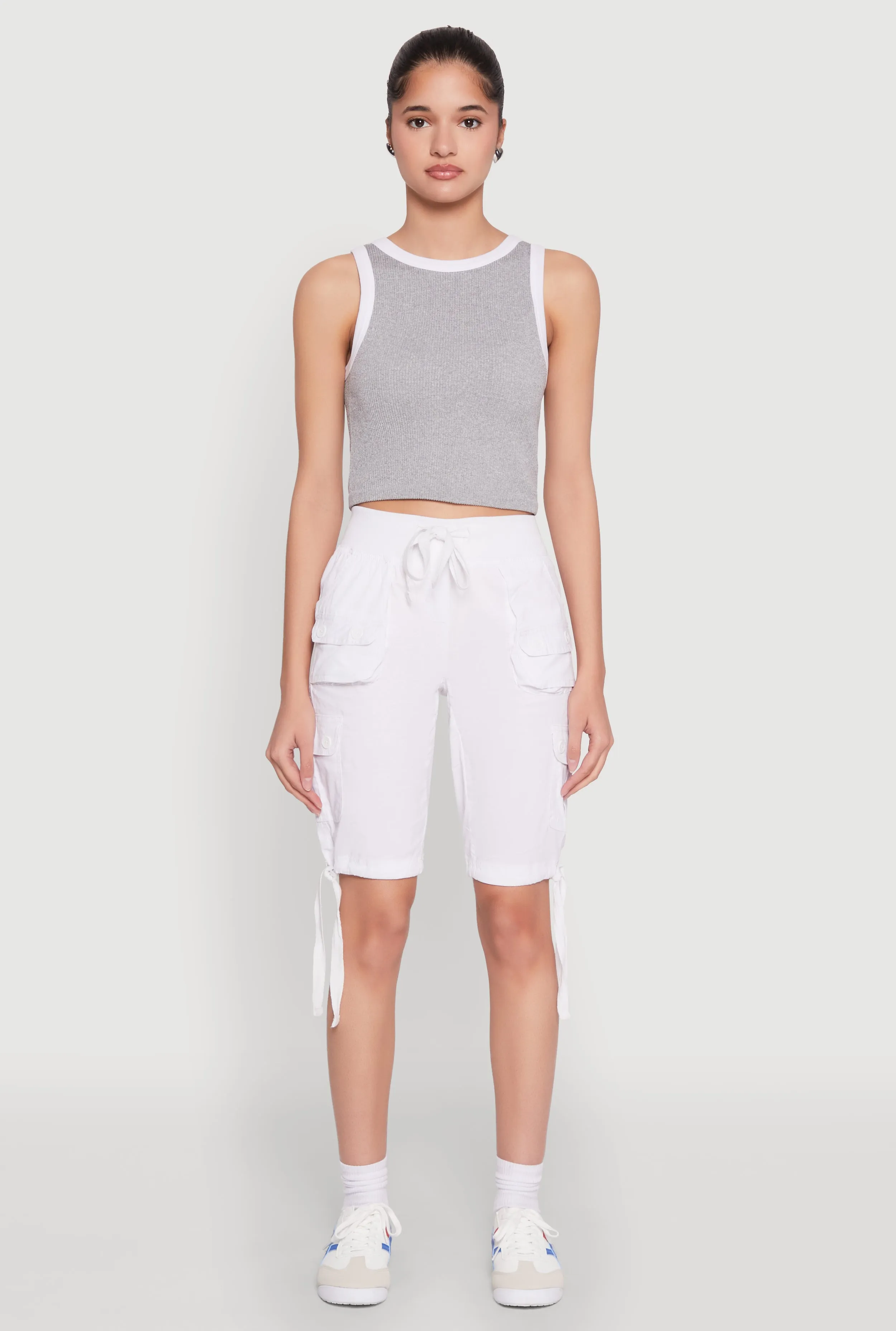 Simple Mood Comfy Feel Drawstring Hem Cargo Pocket Bermuda Shorts
