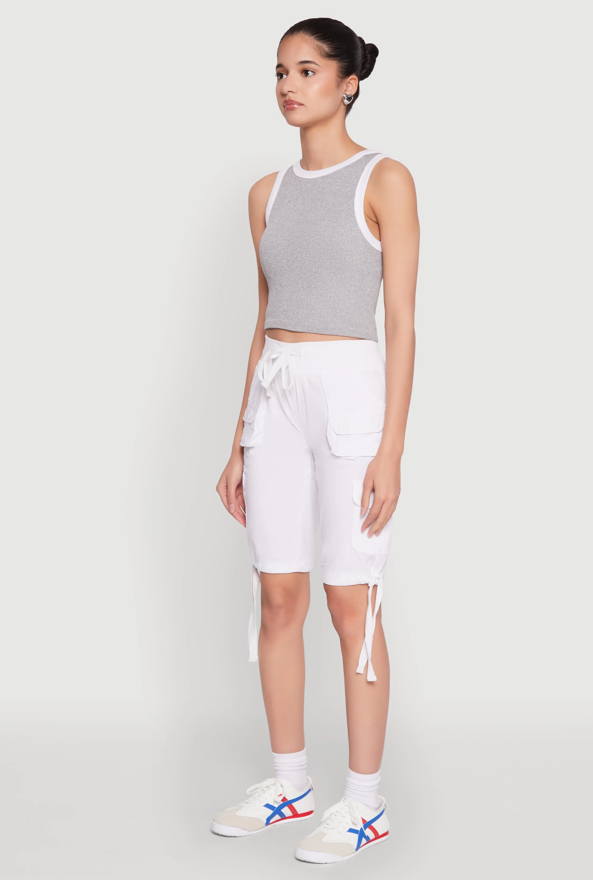 Drawstring Hem Cargo Pocket Bermuda Shorts embroidery work comfortable attire