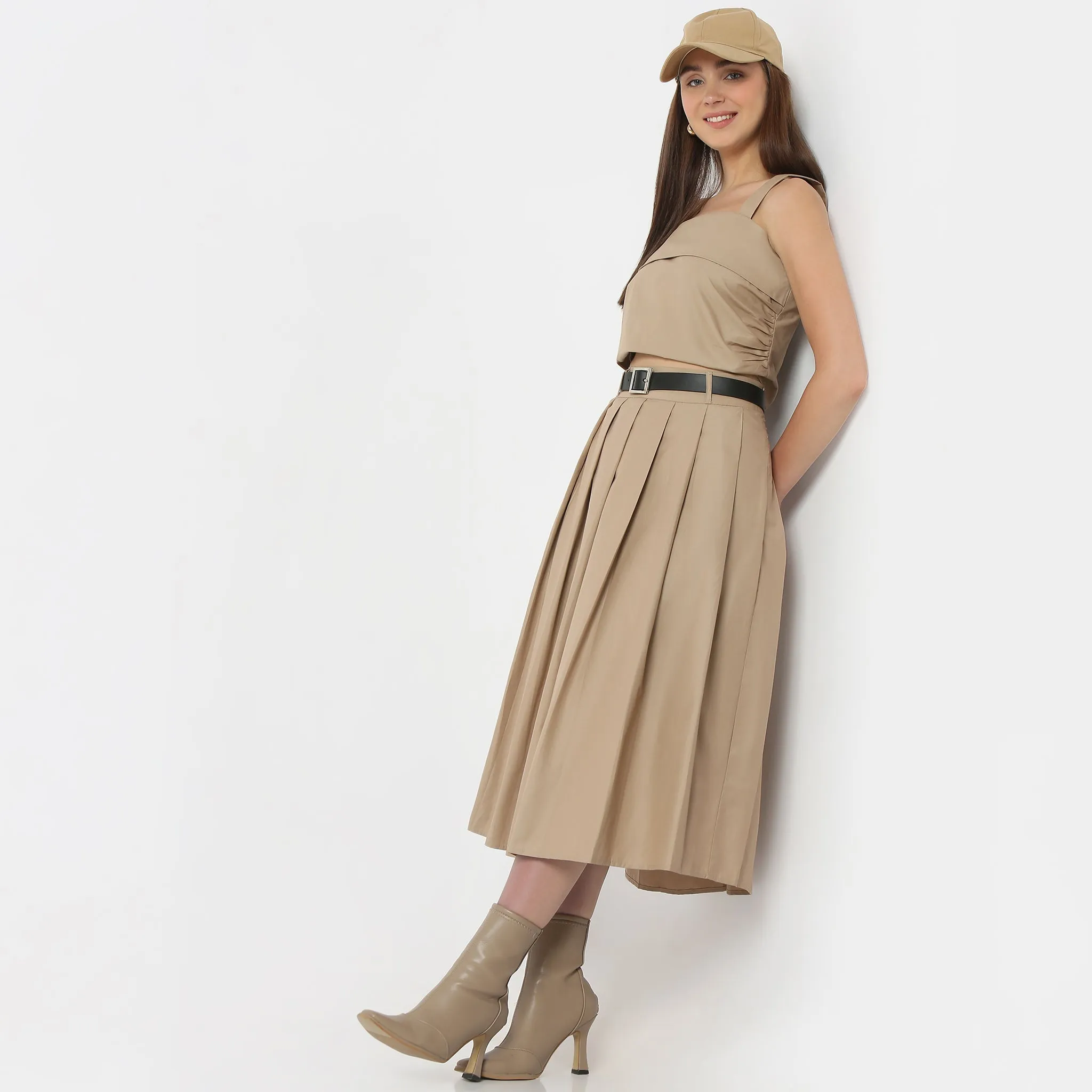 Fairy Core Flare Fit Pleats Calf Length High Rise Midi Skirt With Belt Detailing