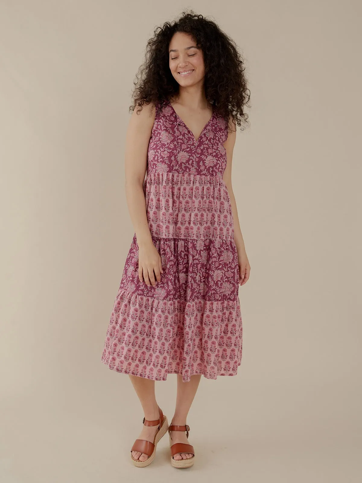 Thais Tiered Sleeveless Dress - Magenta Vine Floral Creative Glow