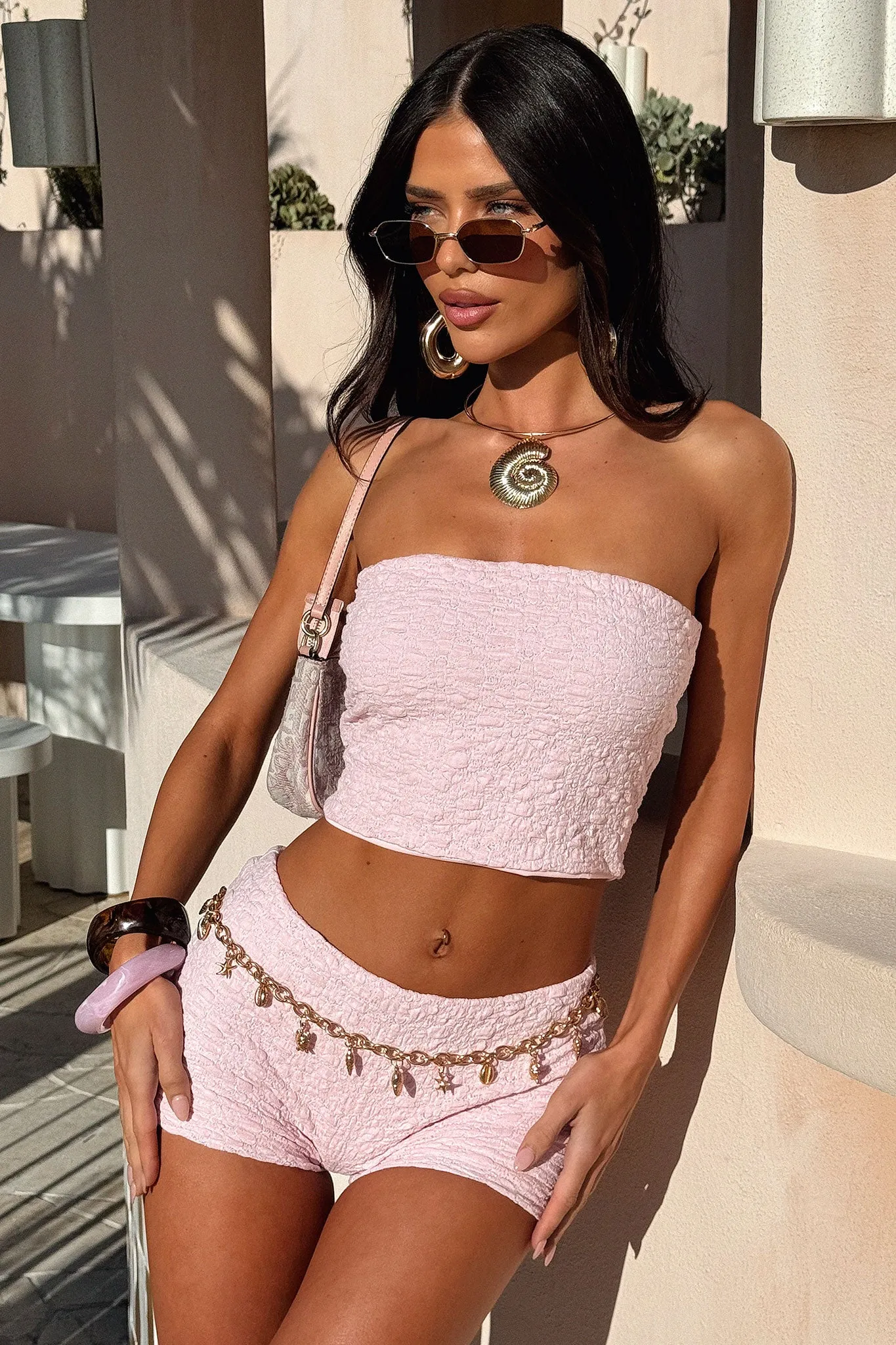 Boheme Strapless Top - Baby Pink Microfiber texture ReflectiveTrimDetails