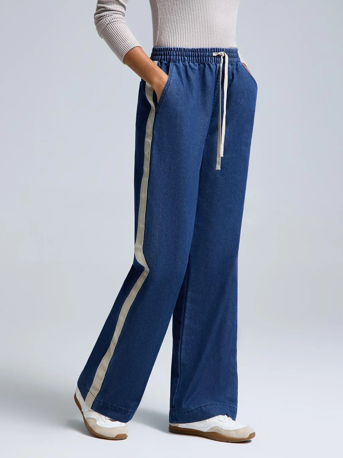 Drawstring Wide-Leg Denim Pants Barrel Leg Construction school wear