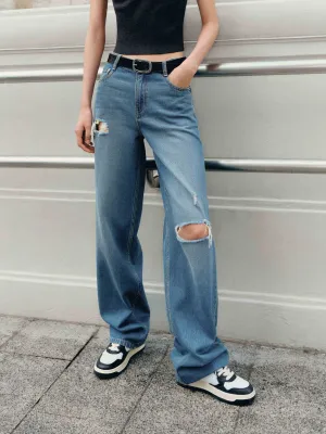 Everyday Loose Music Event Work Friendly Ripped Straight Cotton Jeans