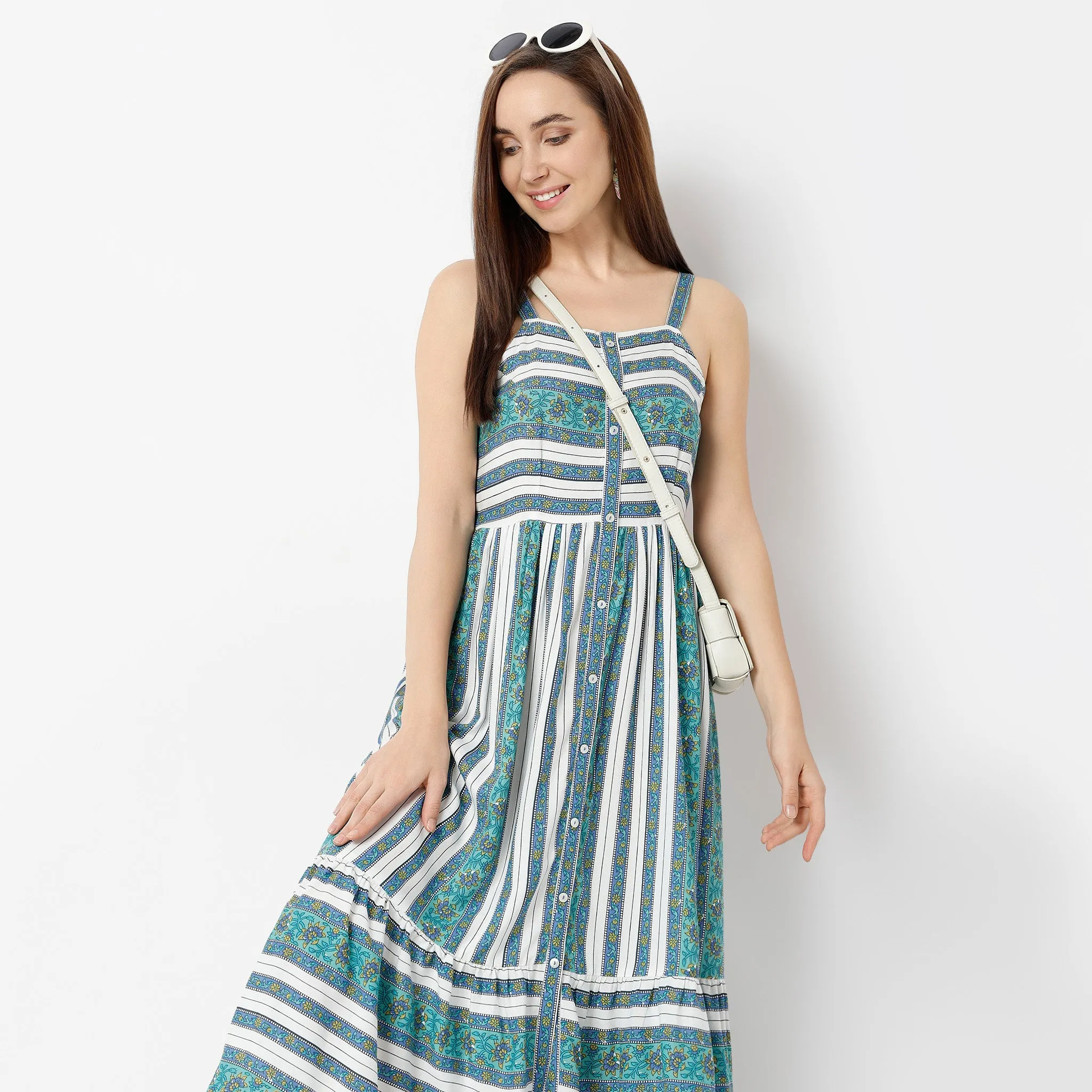 Square Neck Calf Length Sleeveless Flare Fit Printed Strap Dress Crystal Soul BuiltIn Grip
