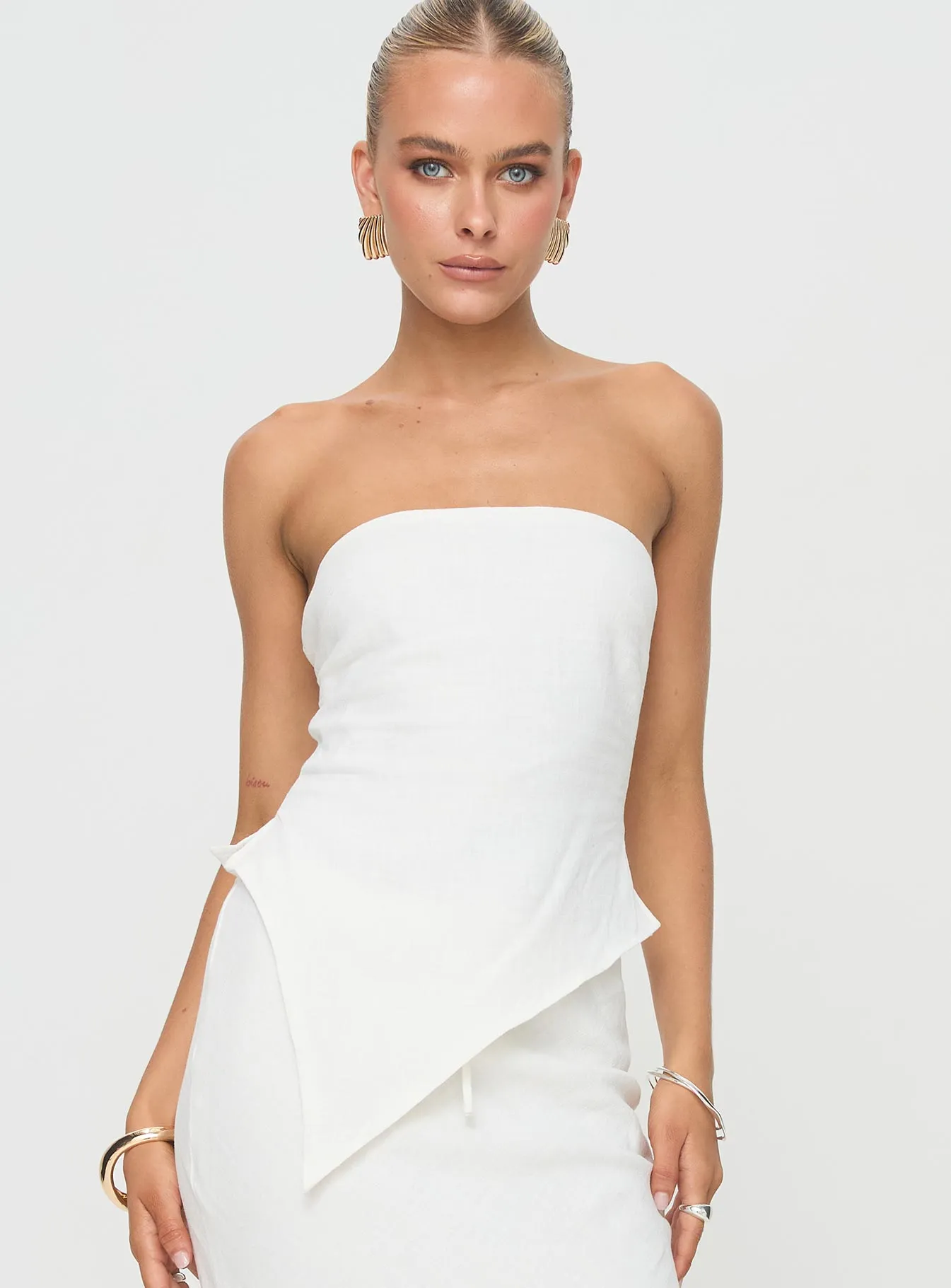 ContrastPlacket Contrast Stitch Detailing Birdie Asymmetric Linen Blend Top White