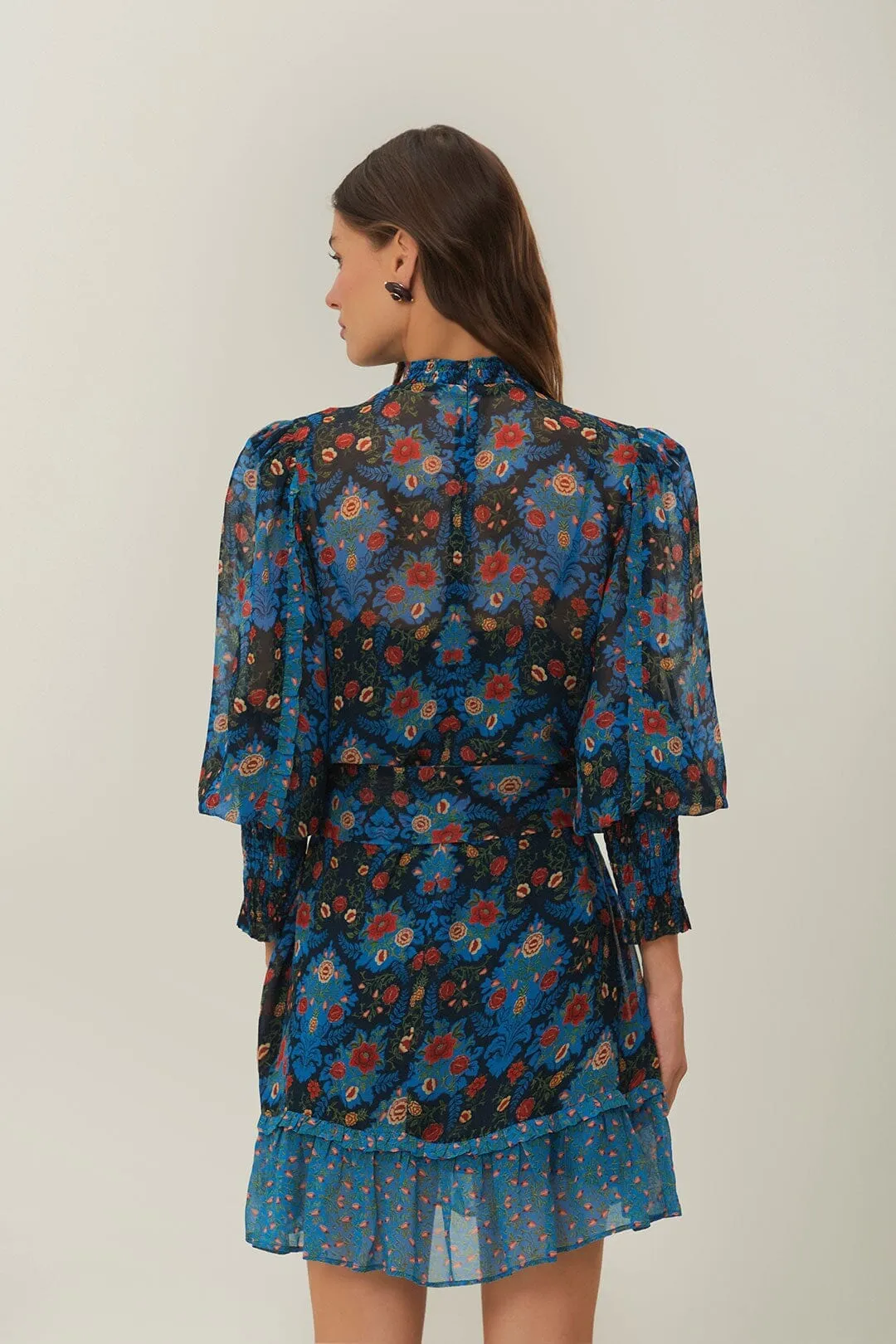 Reinforced Elbows Elasticized Cuff Design Blue Arabesque Floral High Neck Mini Dress