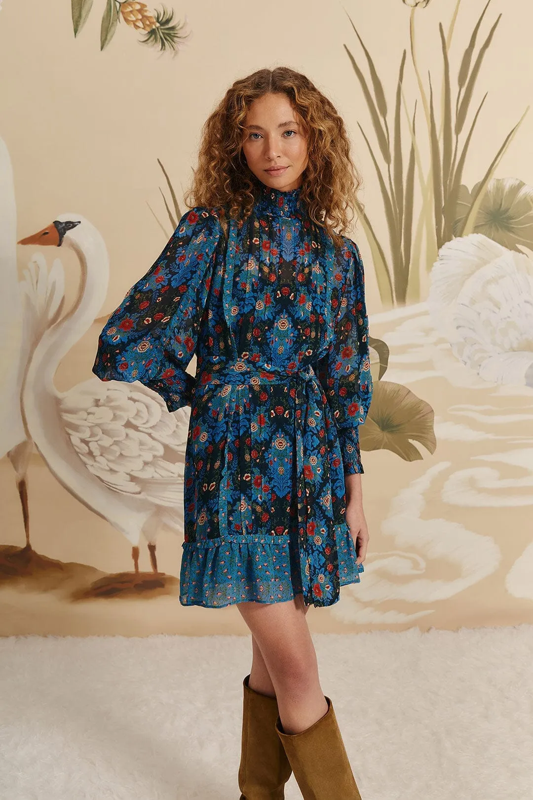Magnetic Button Closure Blue Arabesque Floral High Neck Mini Dress