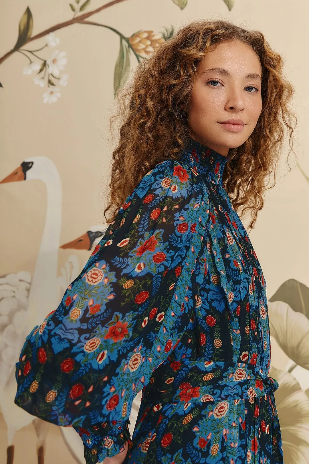 Blue Arabesque Floral High Neck Mini Dress Scene Heat