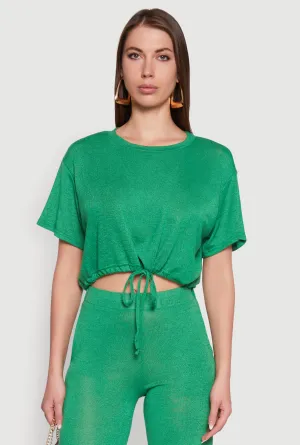 Daisy Drawstring Hem Crew Neck Cropped Tee Tubular Knit Structure Breathable and Comfortable