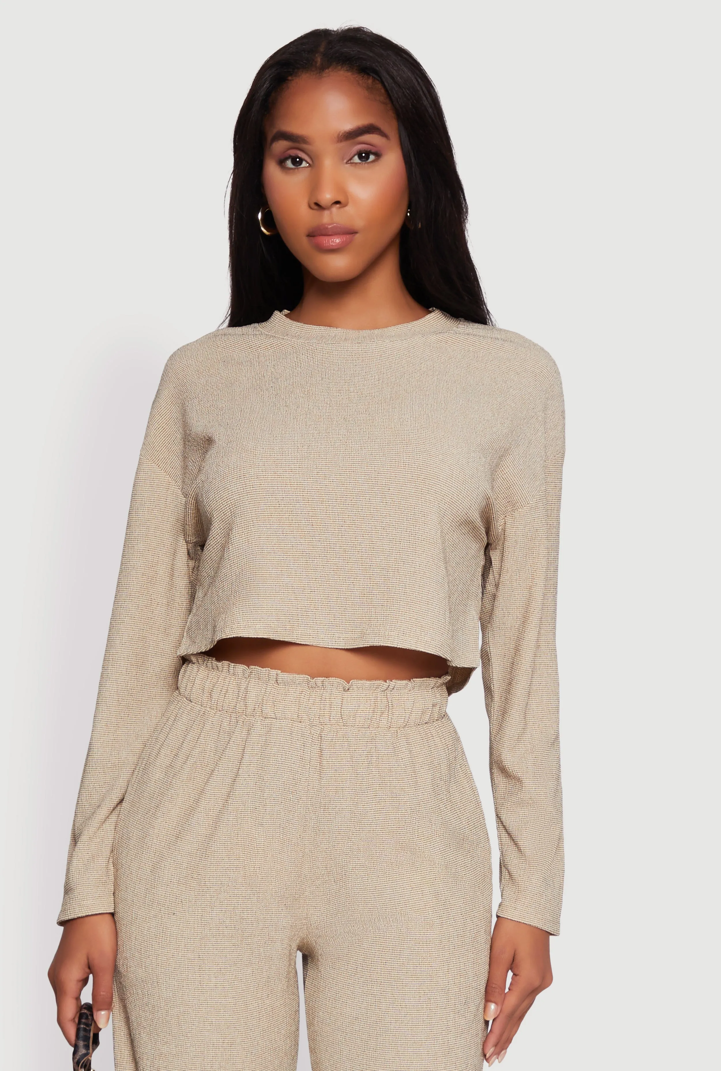 Textured Knit Solid Long Sleeve Crop Top Classic Layer