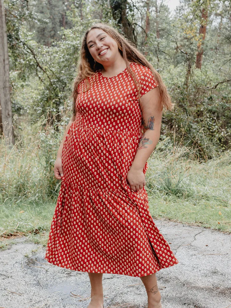 Tiered Jersey Plus Size Dress - Micro Floral Red Quiet Charm Spanish Glow