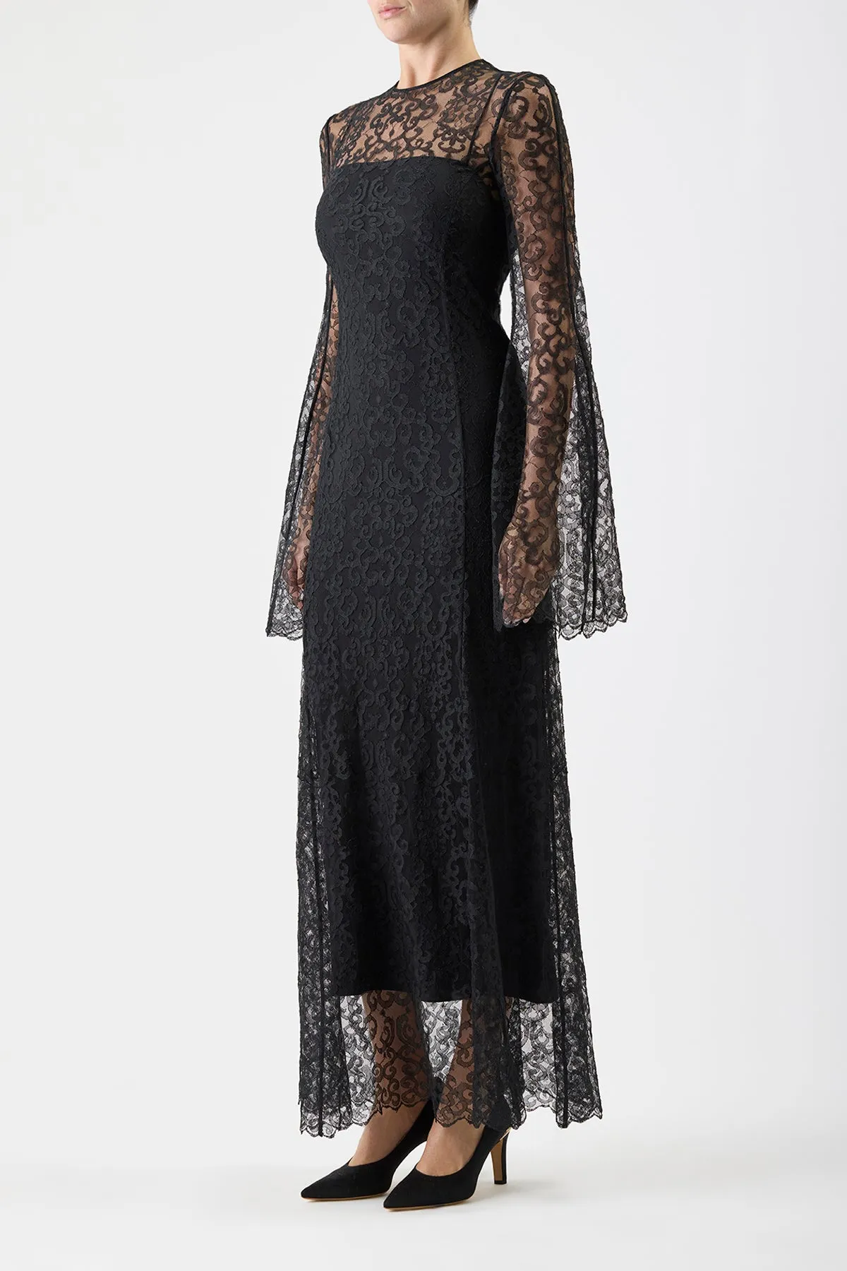 Zimmer Sheer Maxi Dress with Slip in Black Silk Lace Ski Core Leader Fit