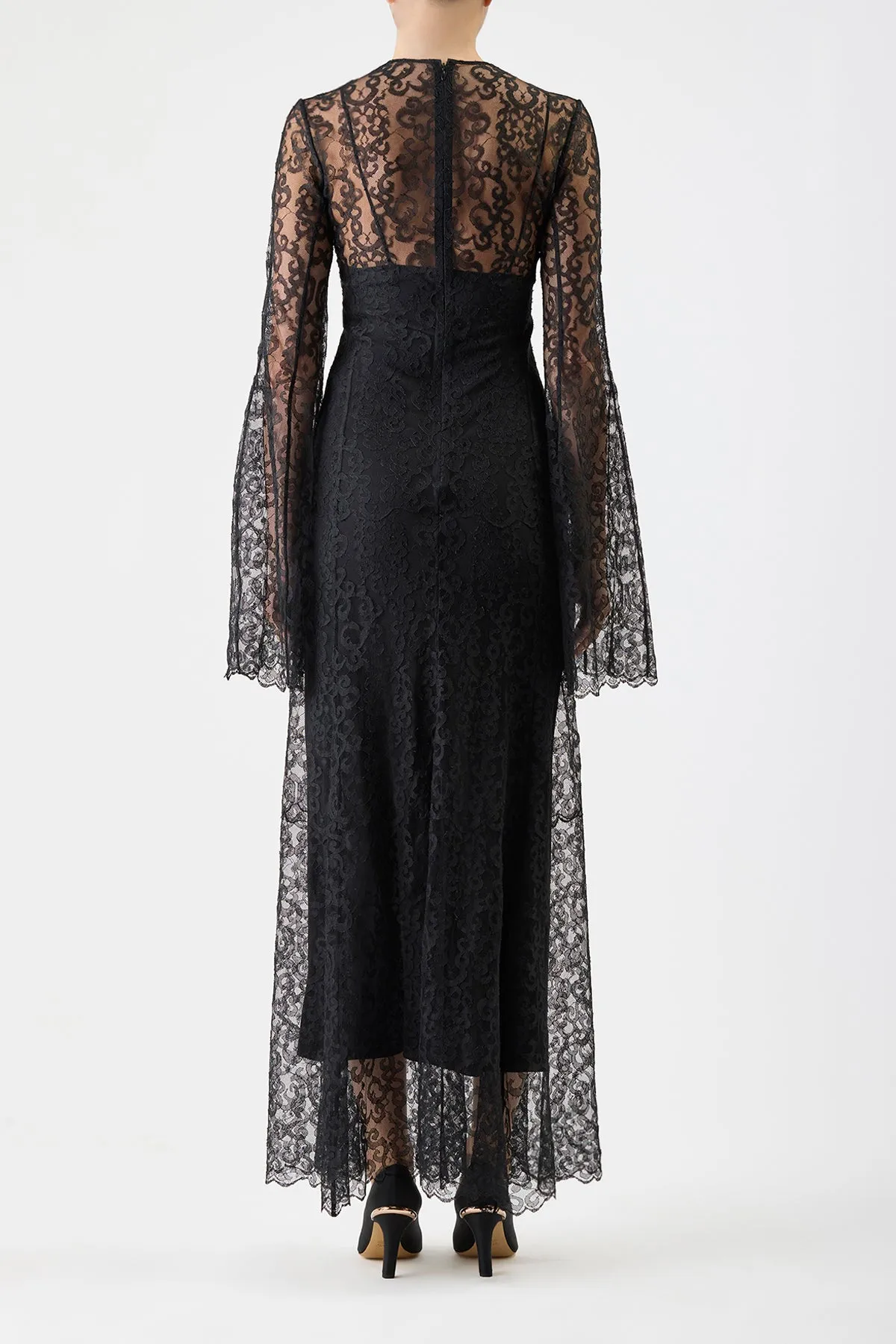 Camera Glow AntimicrobialTreatment Zimmer Sheer Maxi Dress with Slip in Black Silk Lace