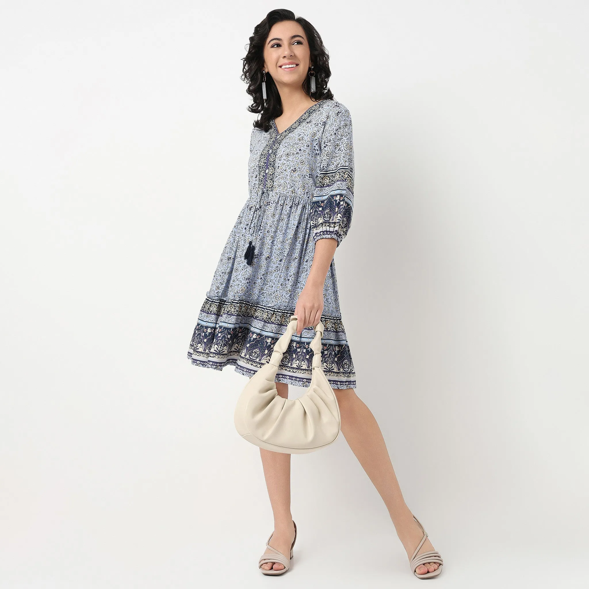 Printed V Neck Flare Fit Short Dress HeavyDuty Zipper Compact Packable Design