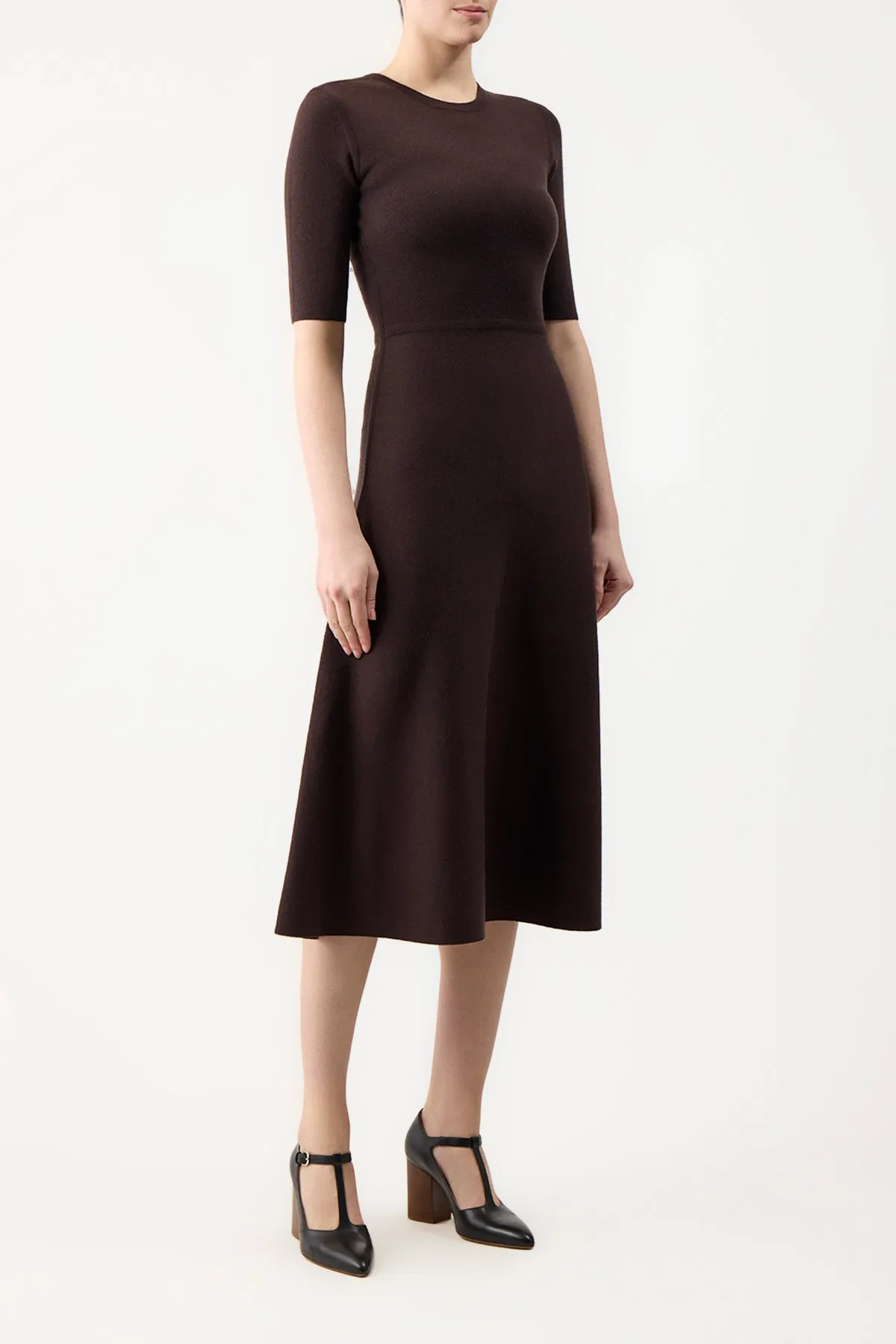 Seymore Knit Midi Dress in Chocolate Merino Wool Cashmere Reflective Safety Accents QuickDry Material