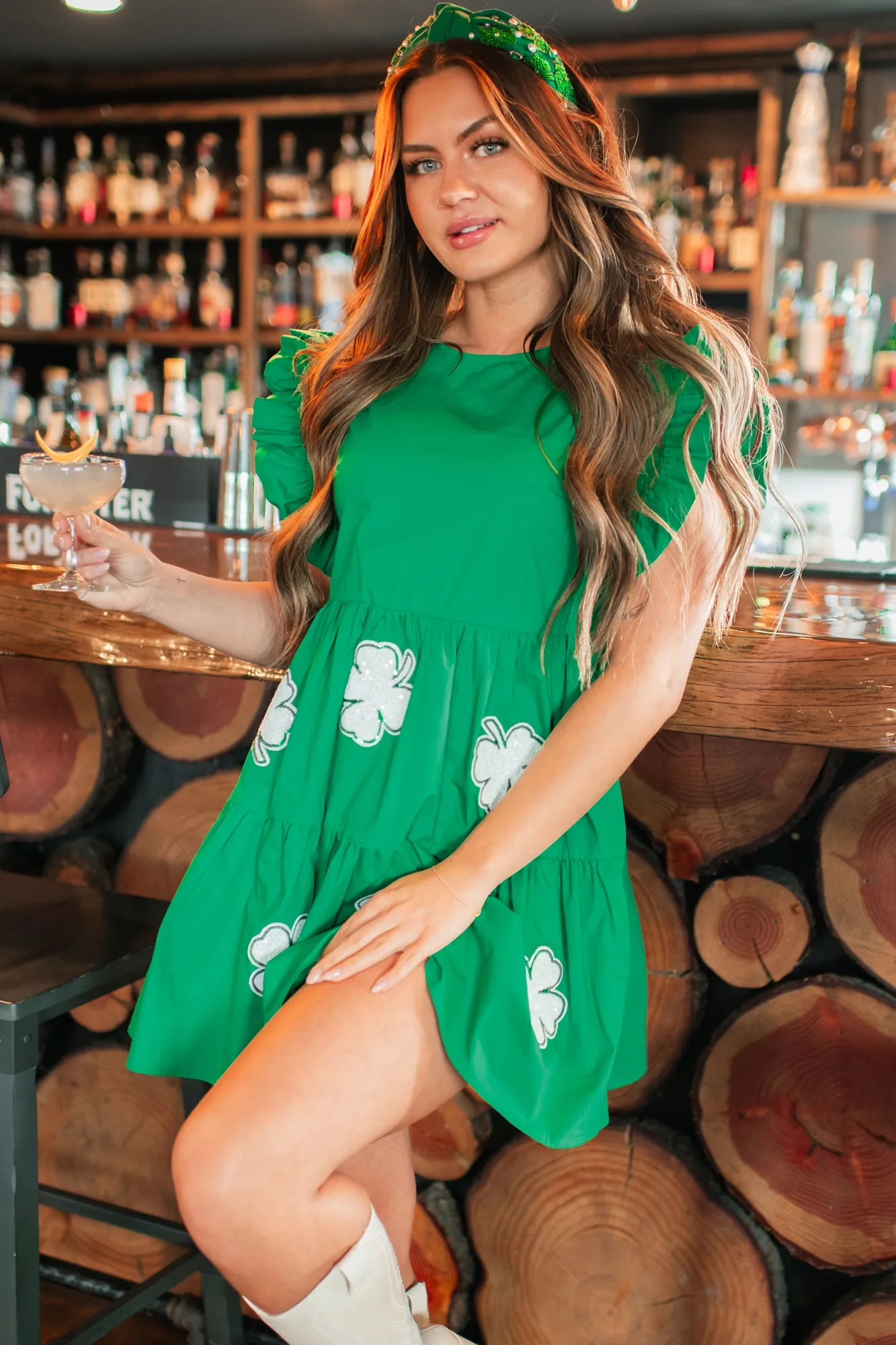 Aisling Sequin Clover Mini Dress (Green) Stylish Daywear