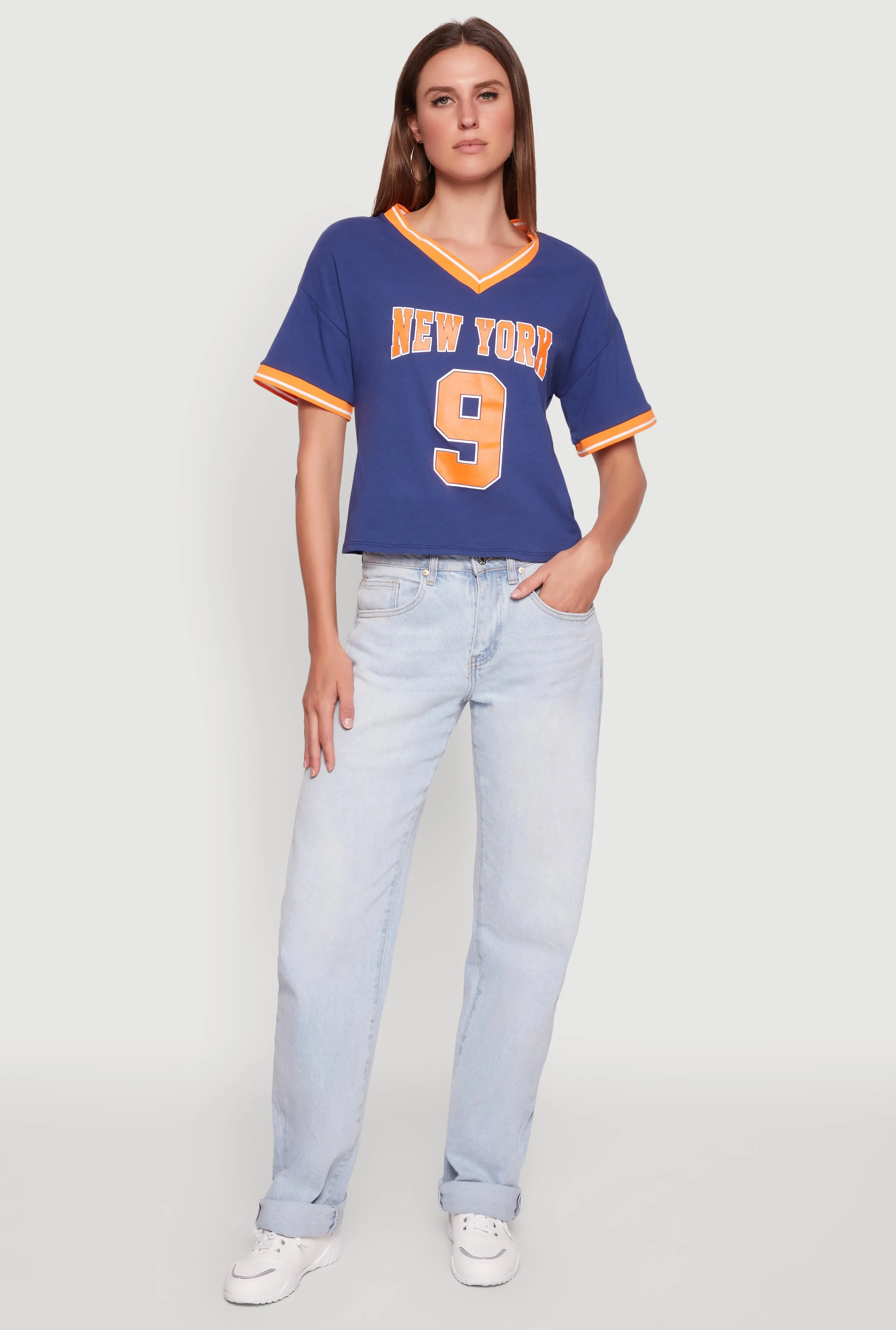 Active Wear Water Based Ink Trendy Graphic New York 9 V-Neck Football T-Shirt
