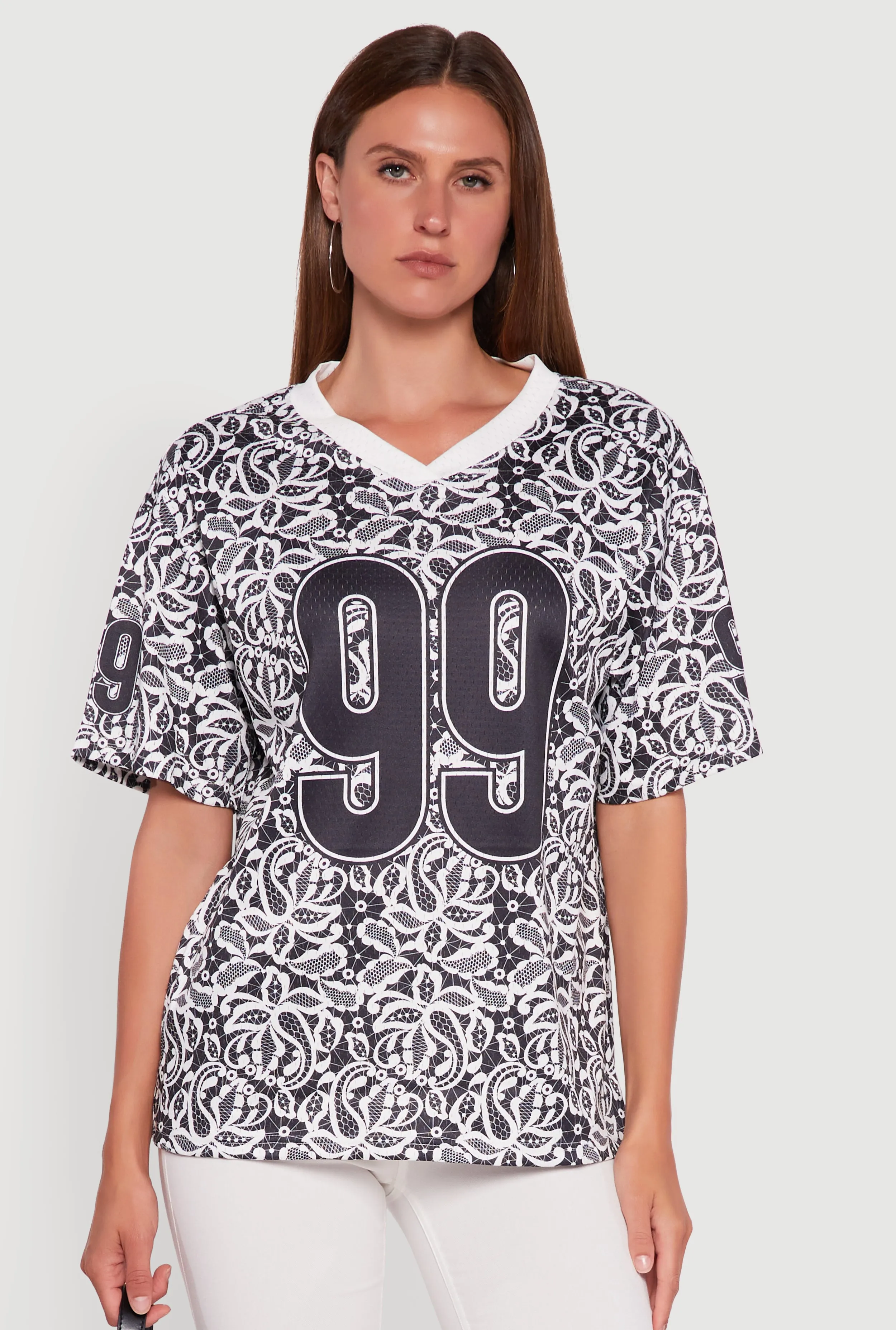 Minimalist Layer City Look V-Neck Patterned 99 Graphic Print Jersey